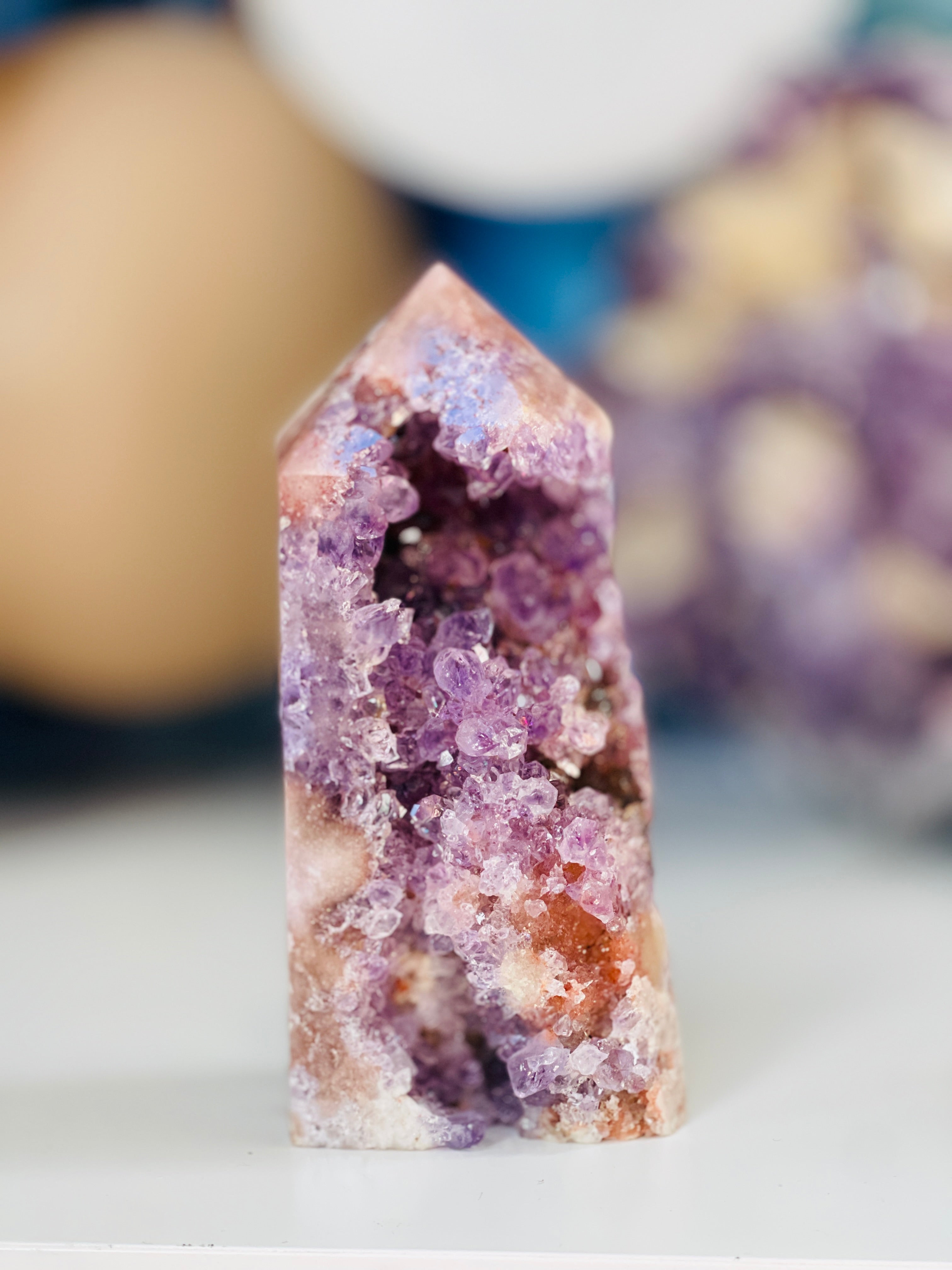Pink Amethyst Tower with Purple Amethyst Druzy Cave | 575g