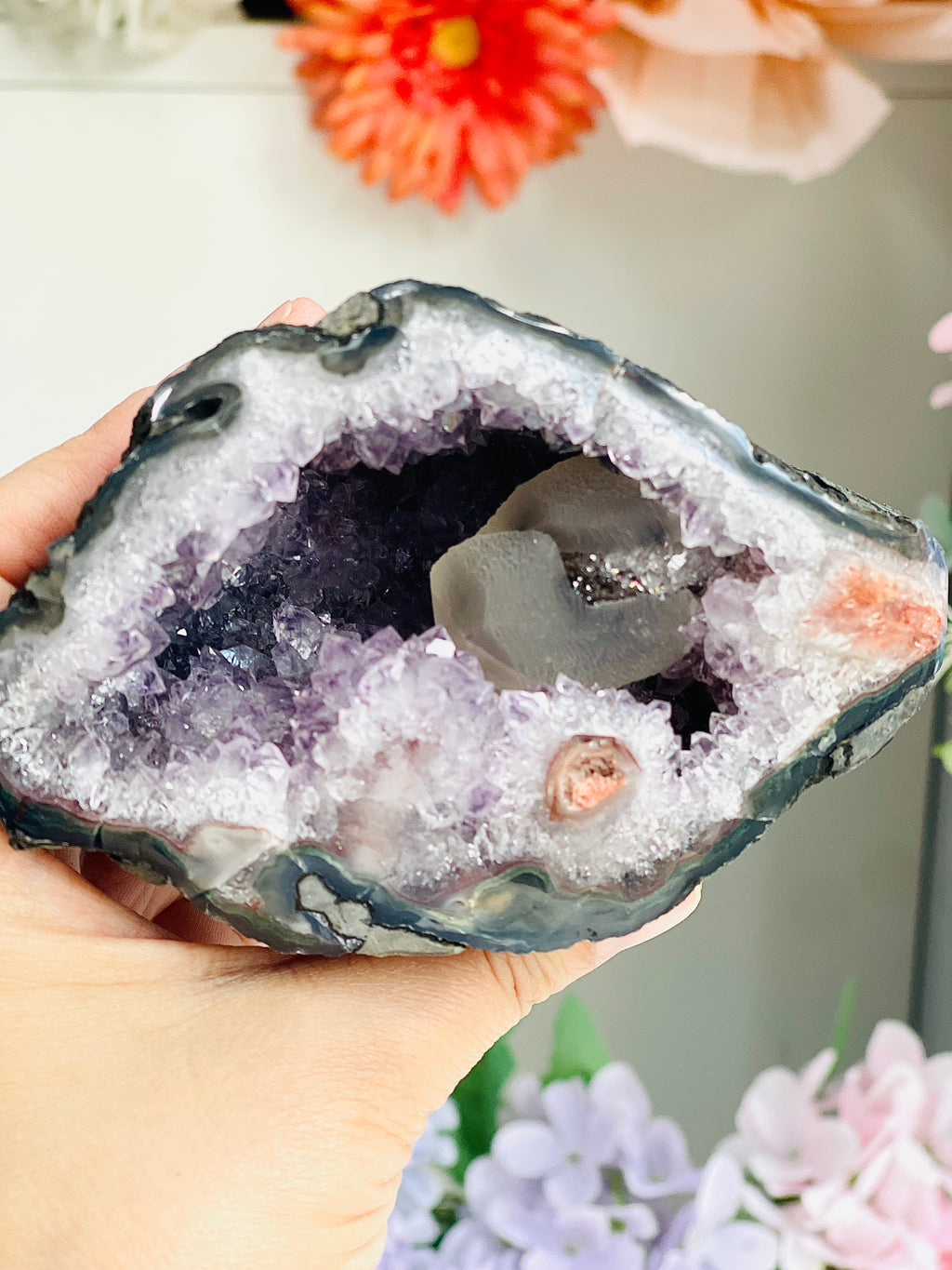 Purple Amethyst Geode with Central Calcite Pillar | Raw Uruguayan Specimen