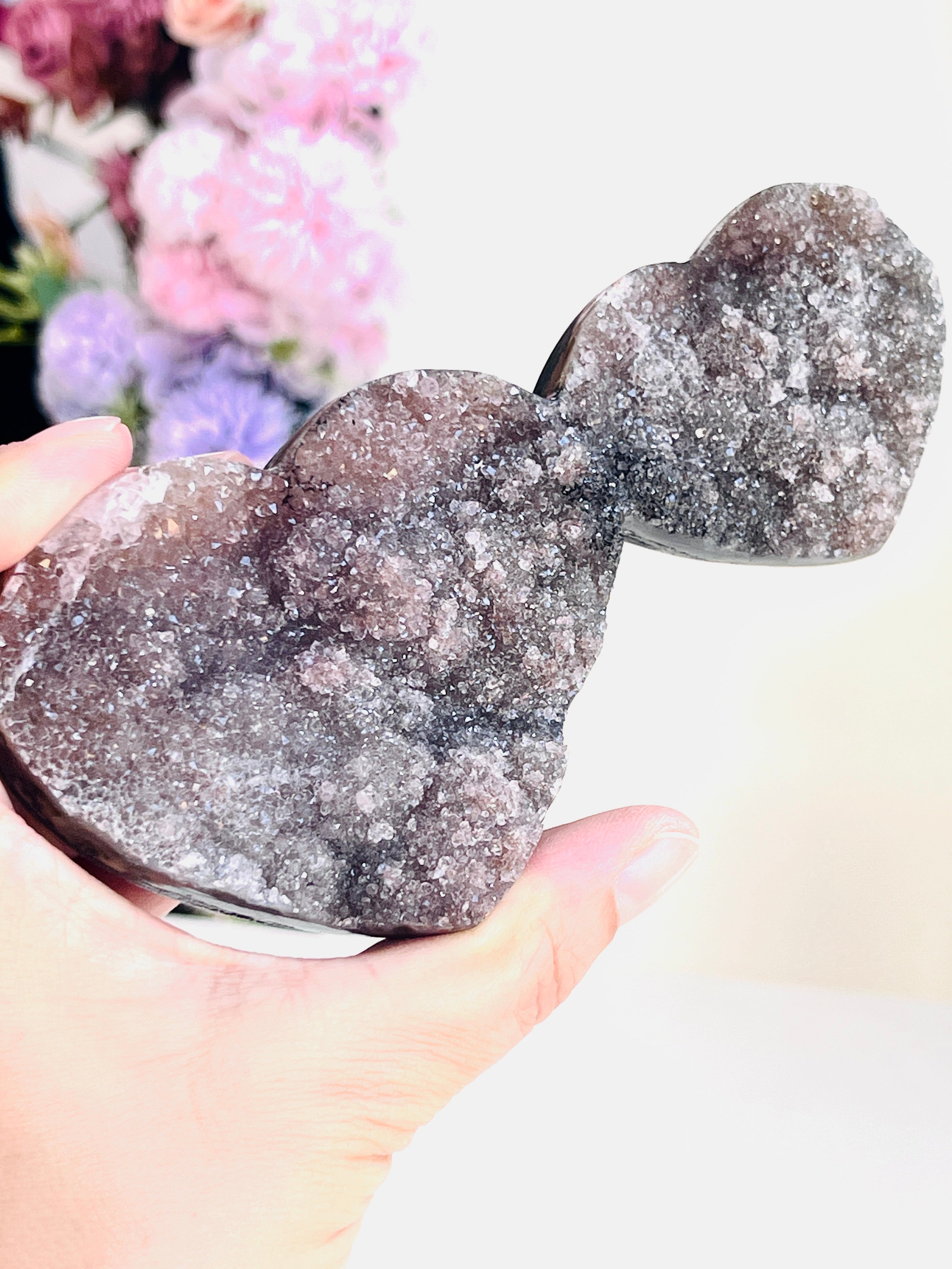 Rare Amethyst Flower Heart, Special Amethyst Flower Polished Crystal Double Heart, Unique Gift, Crystal Gift