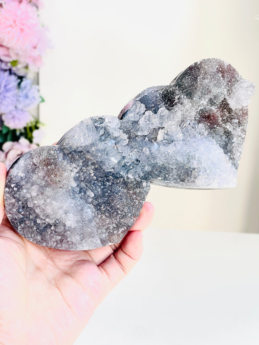 Rare Amethyst Flower Heart, Special Amethyst Flower Polished Crystal Double Heart, Unique Gift, Crystal Gift