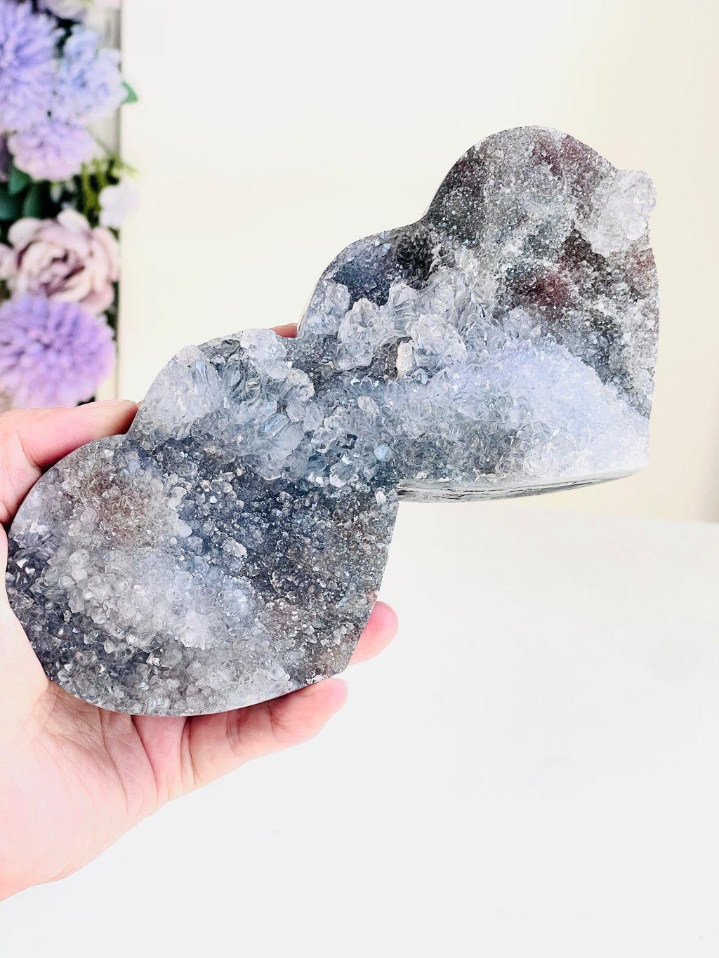 Rare Amethyst Flower Heart, Special Amethyst Flower Polished Crystal Double Heart, Unique Gift, Crystal Gift