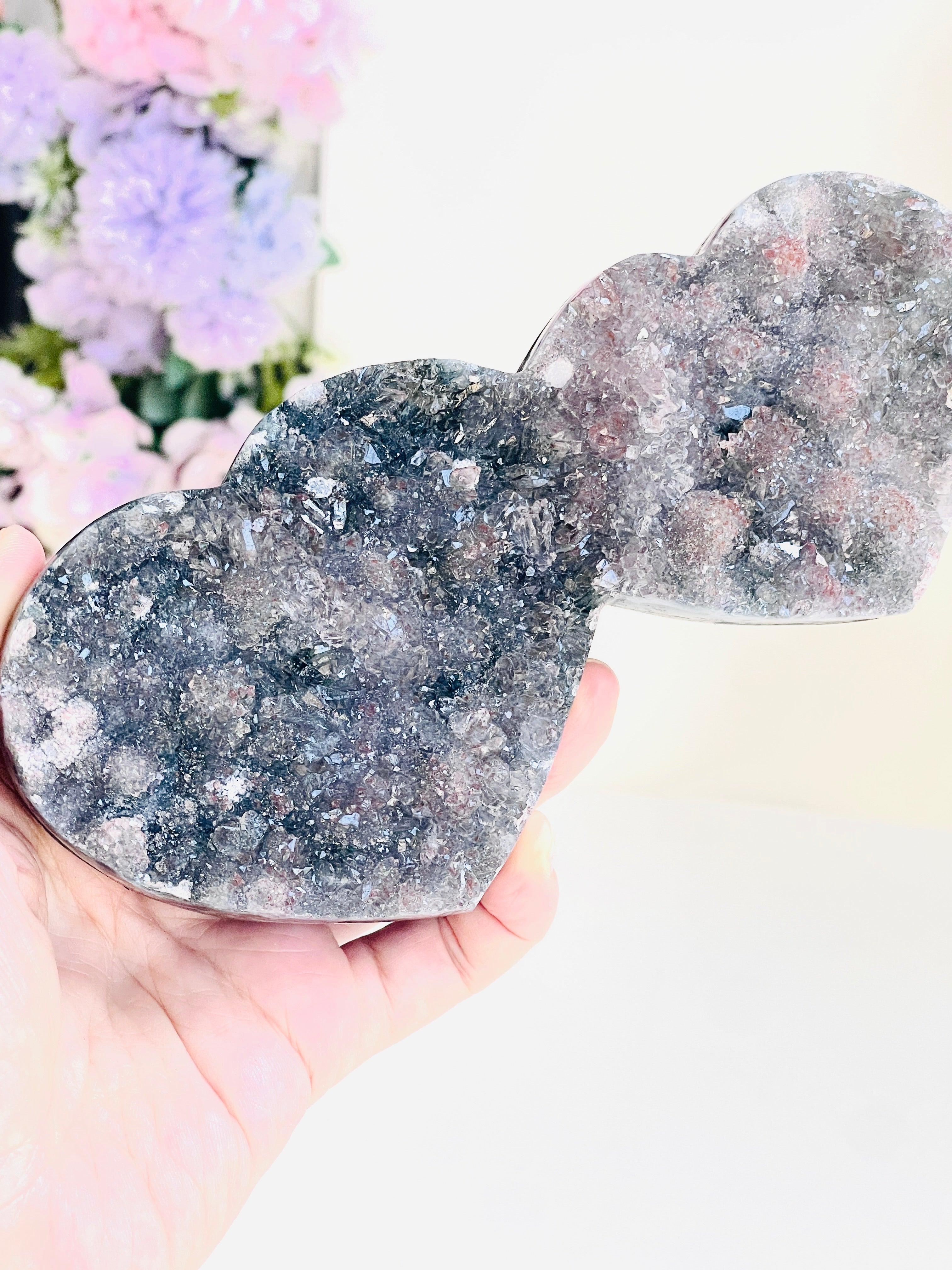 Rare Amethyst Flower Heart, Special Amethyst Flower Polished Crystal Double Heart, Unique Gift, Crystal Gift