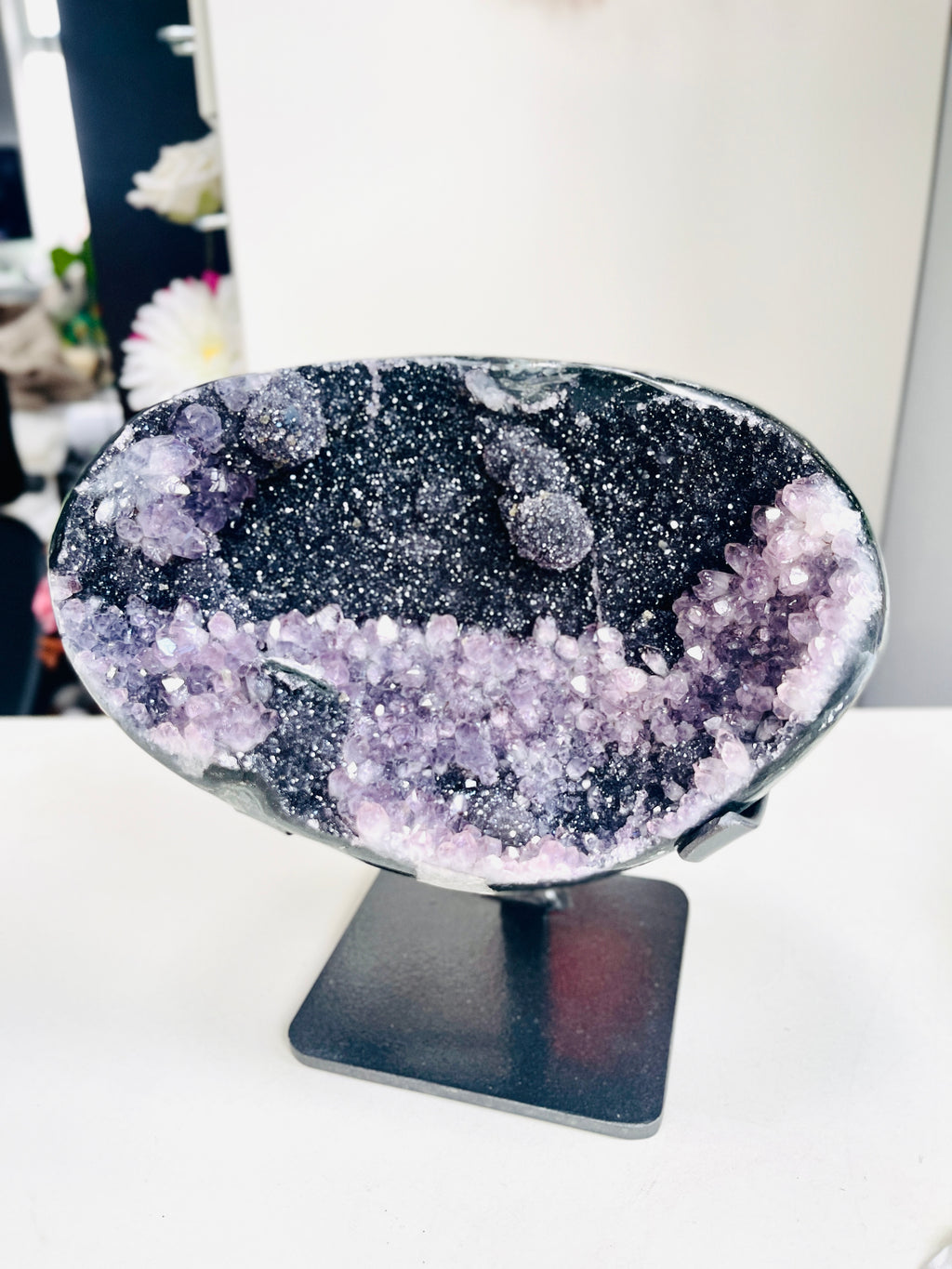 Black Amethyst Geode with Amethyst Flower Formations – Uruguay, 2.345kg
