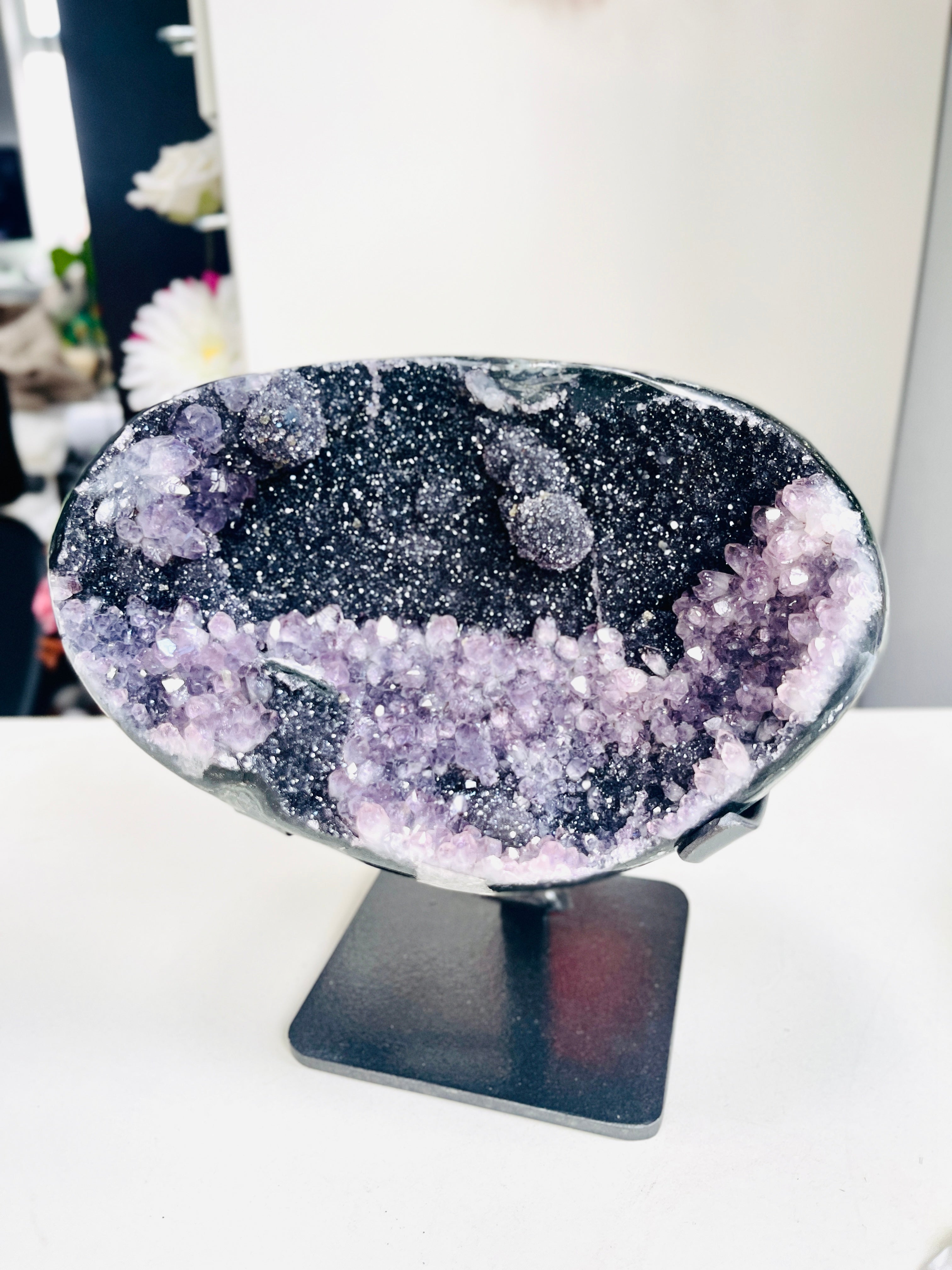 Black Amethyst Geode with Amethyst Flower Formations – Uruguay, 2.345kg