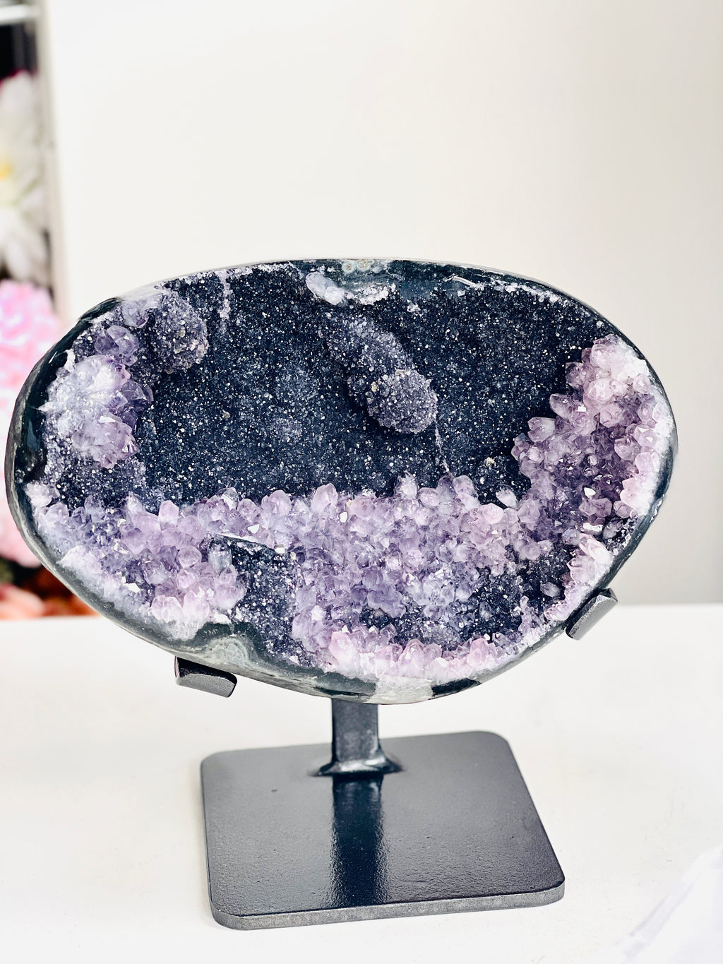 Black Amethyst Geode with Amethyst Flower Formations – Uruguay, 2.345kg