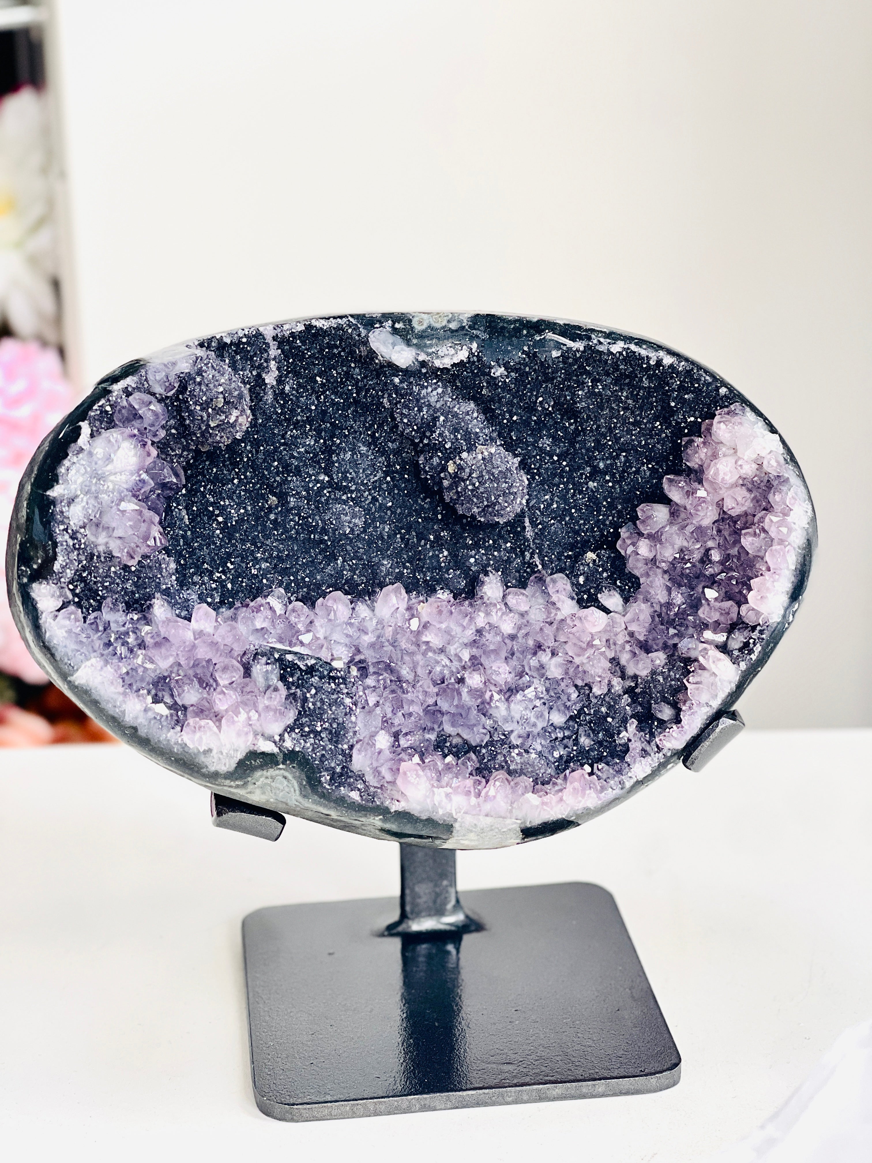 Black Amethyst Geode with Amethyst Flower Formations – Uruguay, 2.345kg