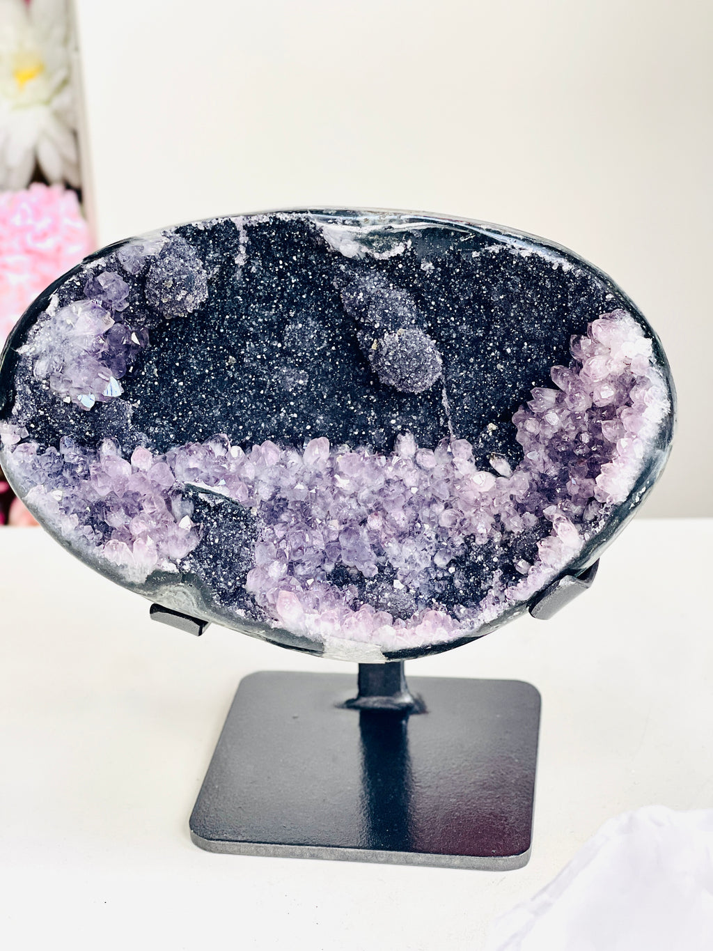 Black Amethyst Geode with Amethyst Flower Formations – Uruguay, 2.345kg