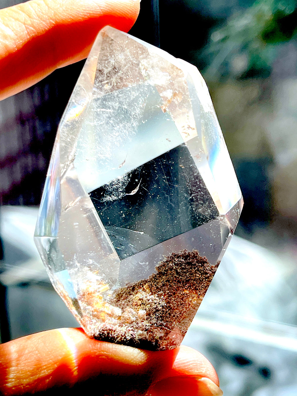 Polished Brazilian Lodolite Quartz point, a Garden Quartz crystal with natural internal inclusions