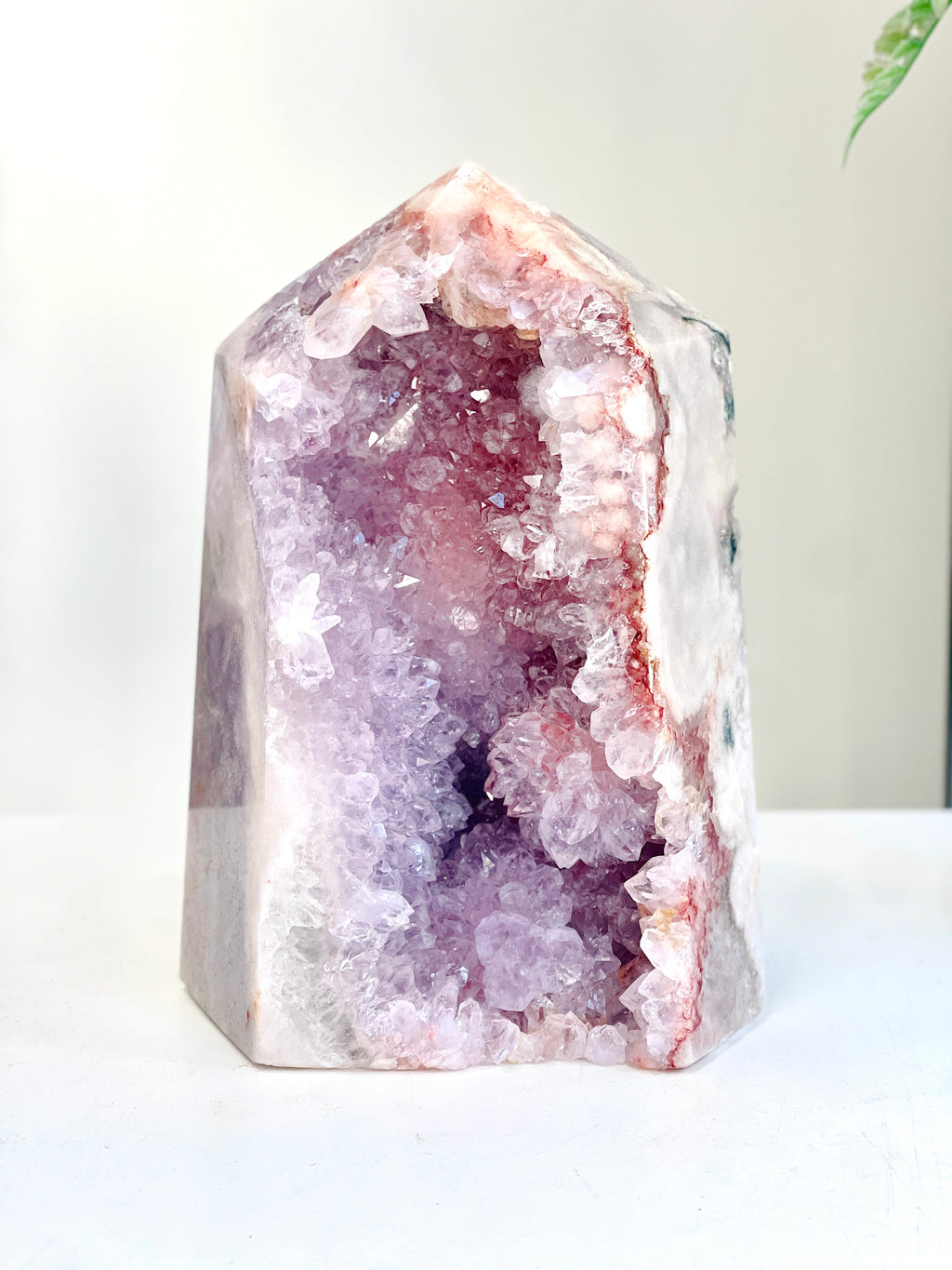 Pink Amethyst Druzy Tower with Lilac Cave & Hematite, 2.455kg