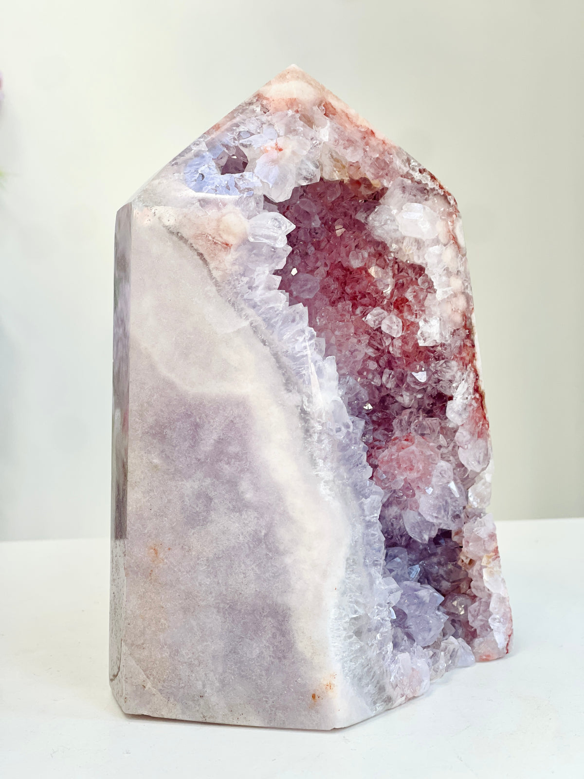 Pink Amethyst Druzy Tower with Lilac Cave & Hematite, 2.455kg