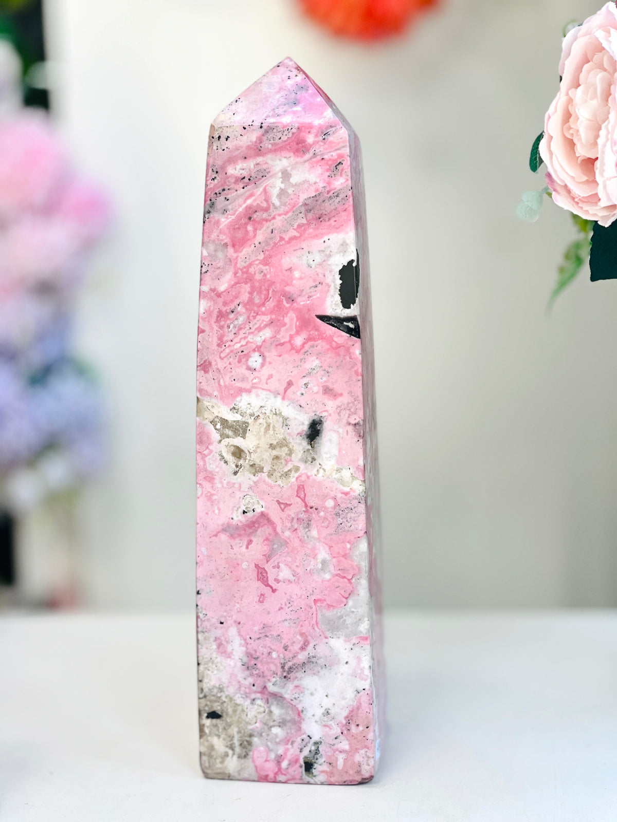 Large Rhodonite Tower, 4kg Pink & Black Statement Crystal