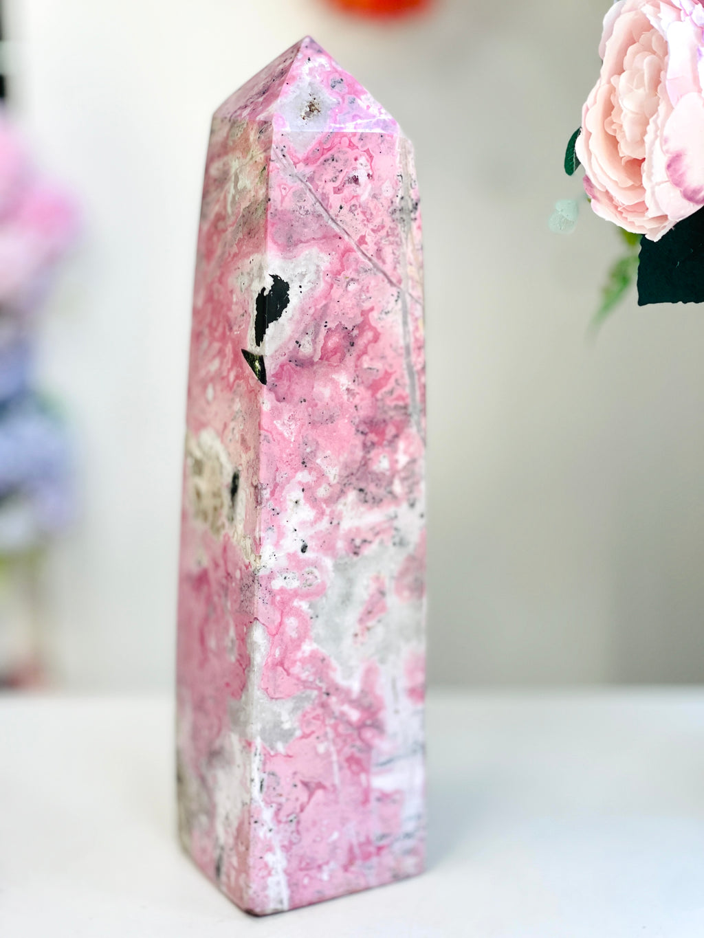 Large Rhodonite Tower, 4kg Pink & Black Statement Crystal