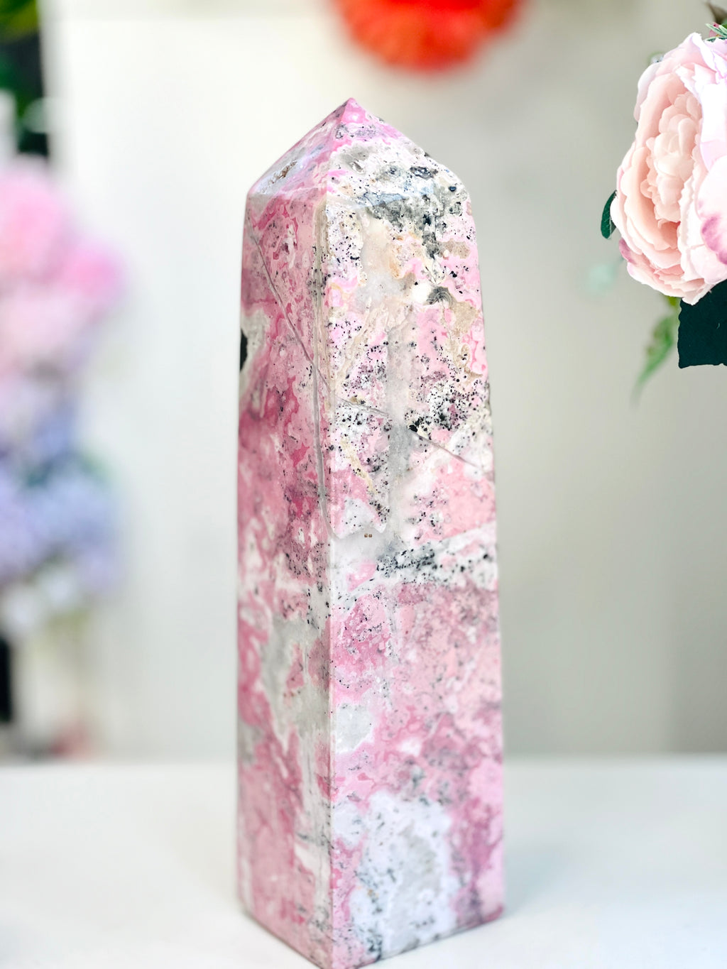 Large Rhodonite Tower, 4kg Pink & Black Statement Crystal