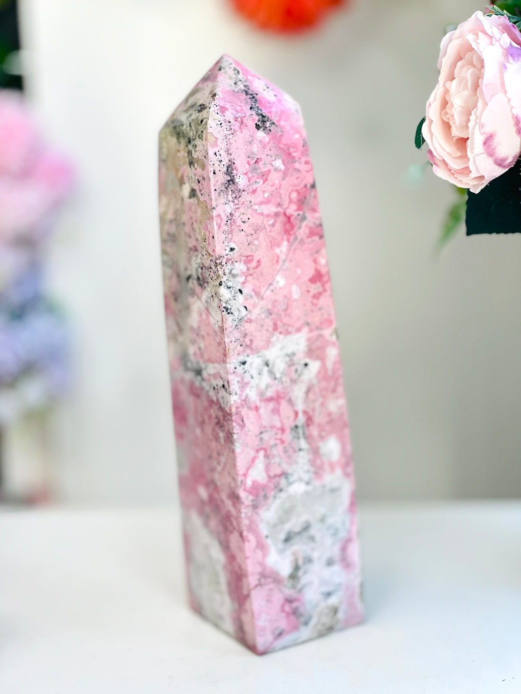 Large Rhodonite Tower, 4kg Pink & Black Statement Crystal