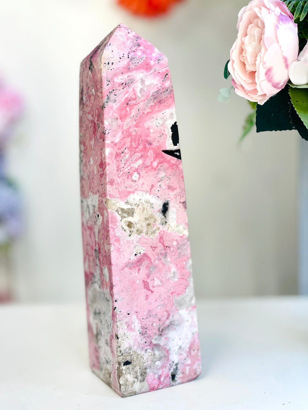 Large Rhodonite Tower, 4kg Pink & Black Statement Crystal