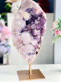 Large Brazilian Pink Amethyst Freeform with Purple Druzy & Stand