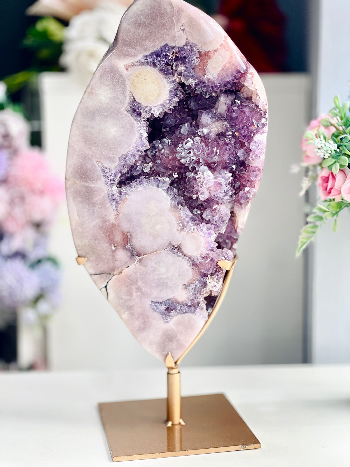 Large Brazilian Pink Amethyst Freeform with Purple Druzy & Stand