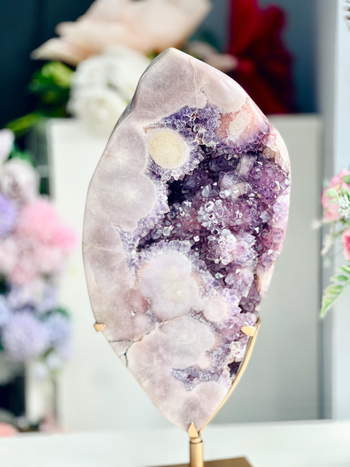 Large Brazilian Pink Amethyst Freeform with Purple Druzy & Stand
