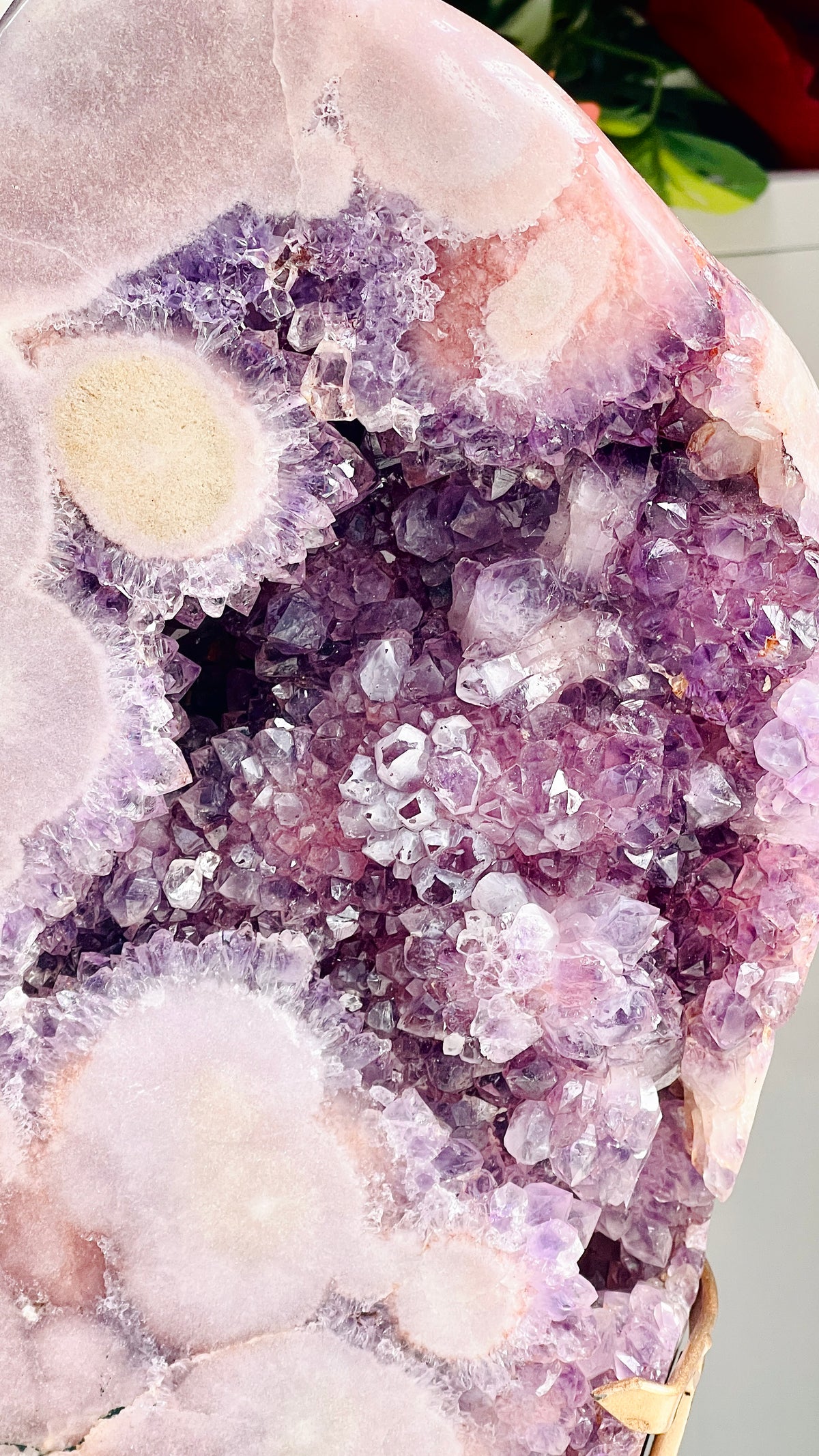 Large Brazilian Pink Amethyst Freeform with Purple Druzy & Stand