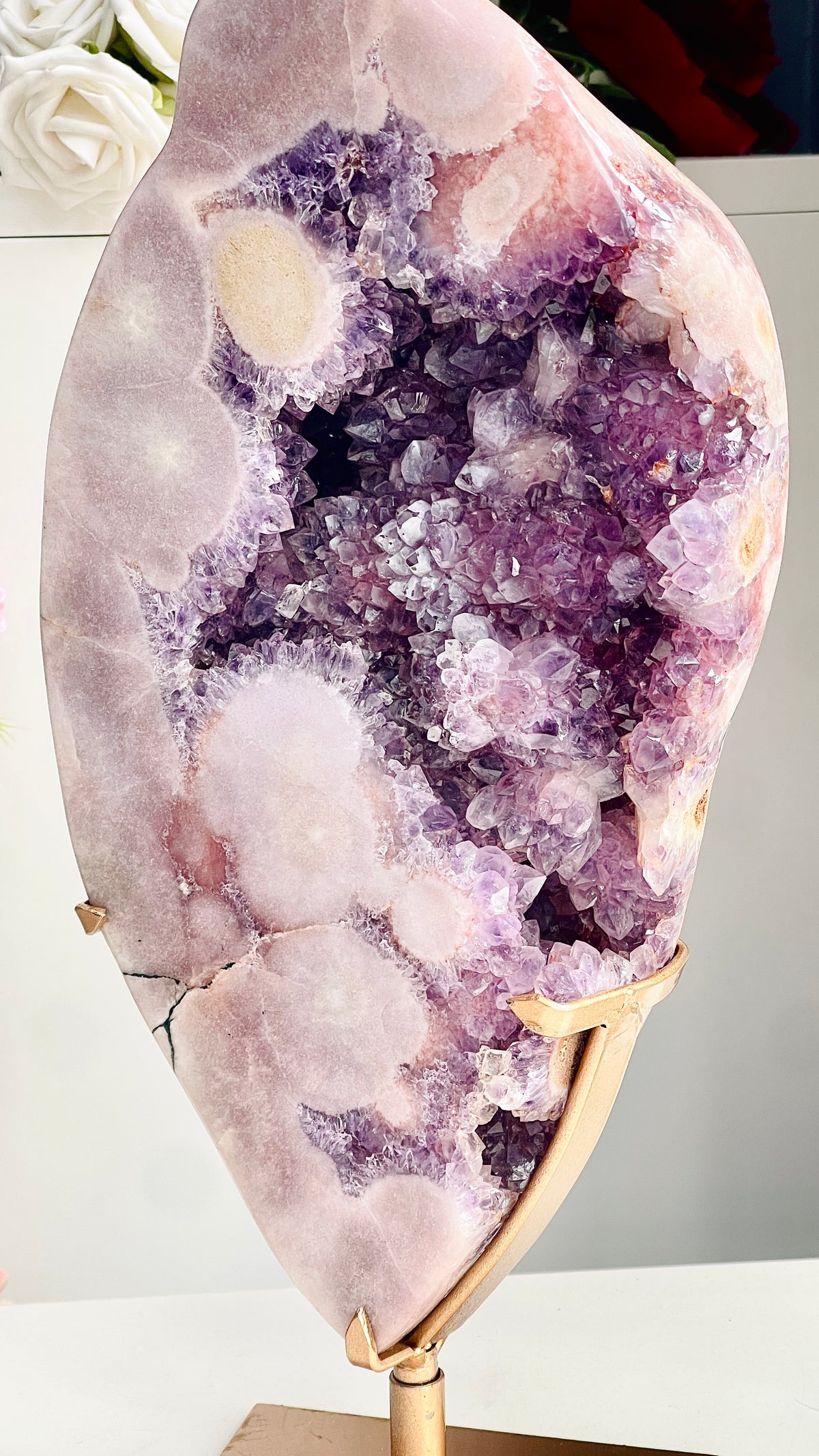 Large Brazilian Pink Amethyst Freeform with Purple Druzy & Stand