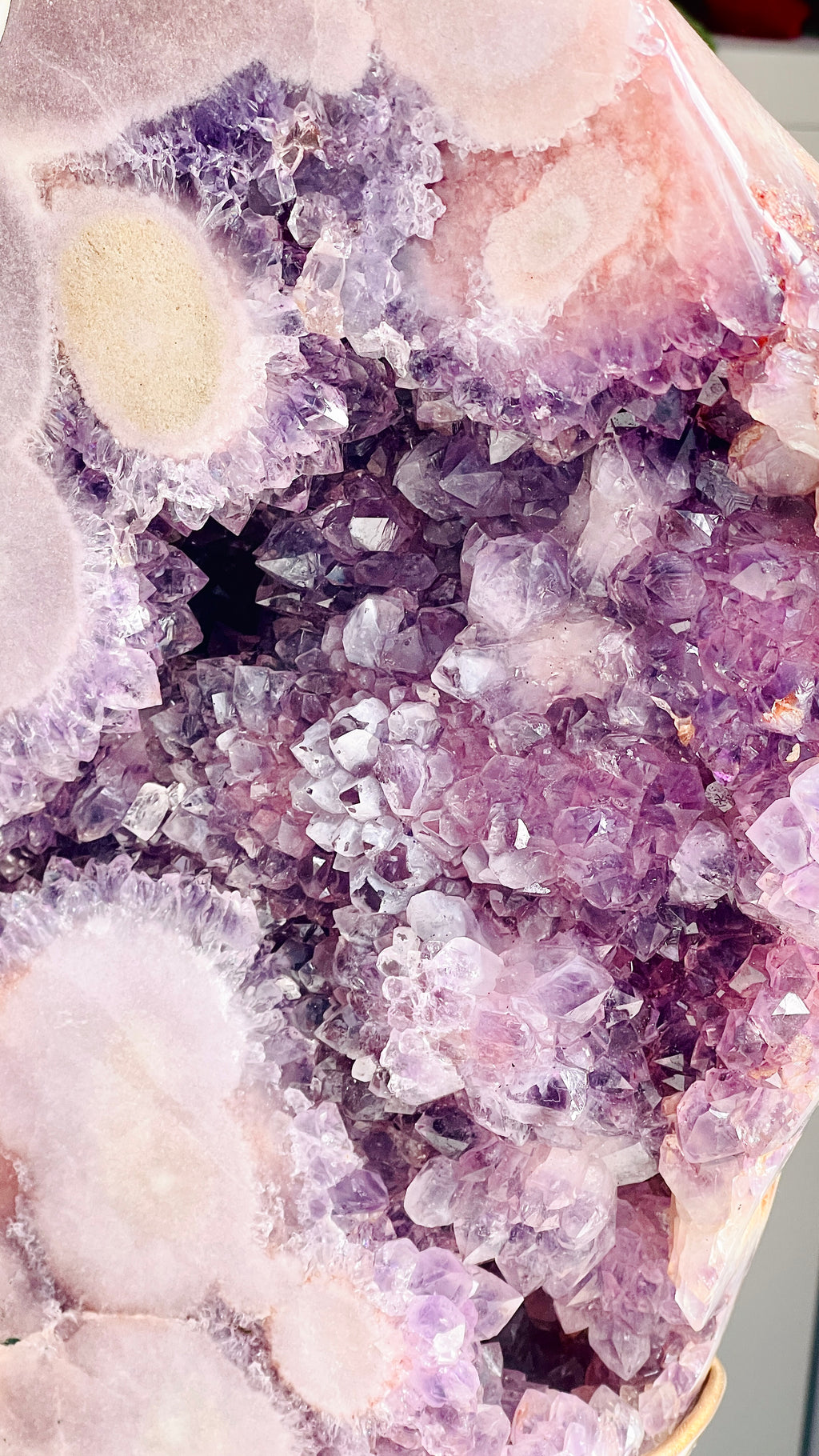 Large Brazilian Pink Amethyst Freeform with Purple Druzy & Stand