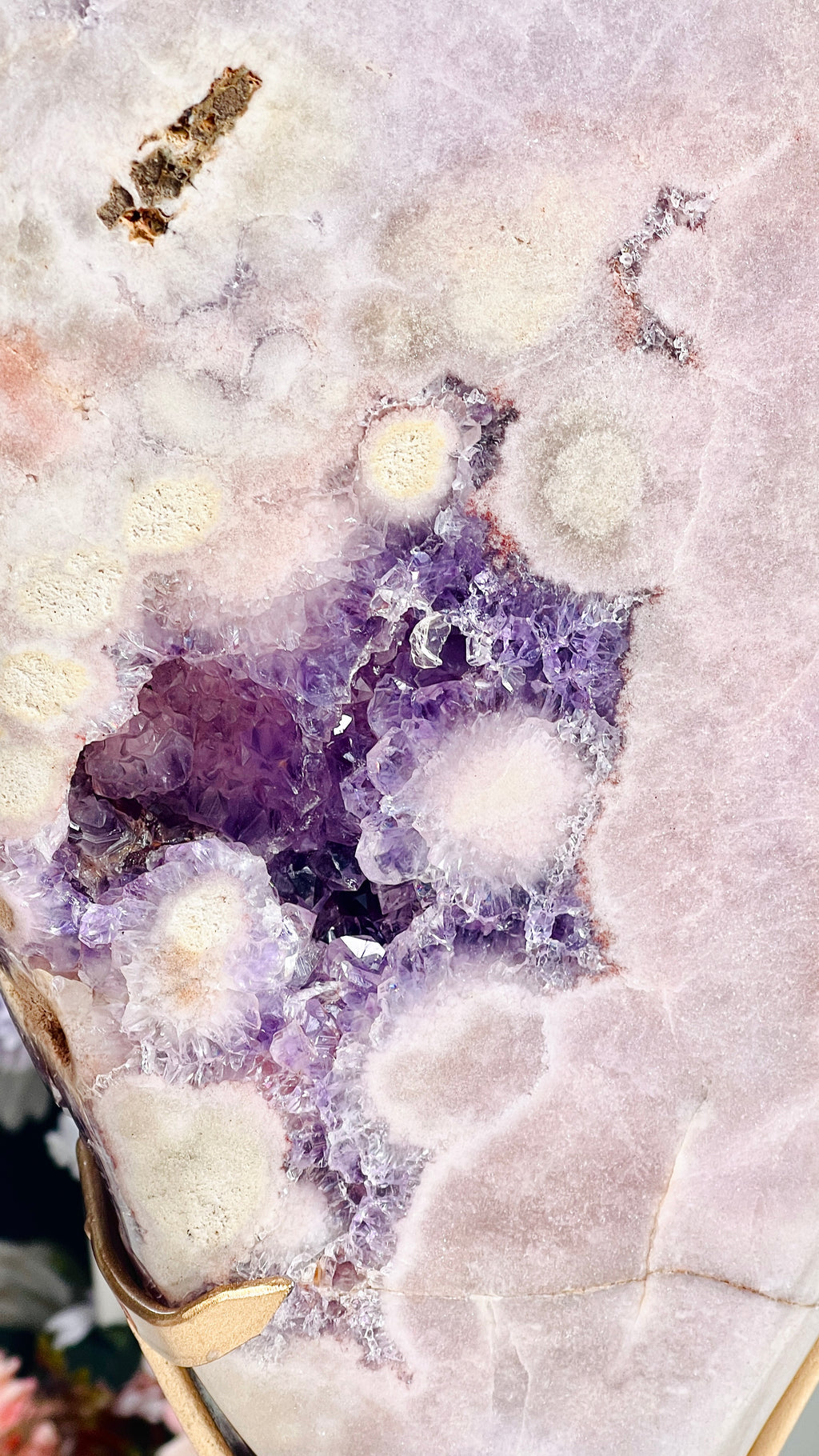 Large Brazilian Pink Amethyst Freeform with Purple Druzy & Stand