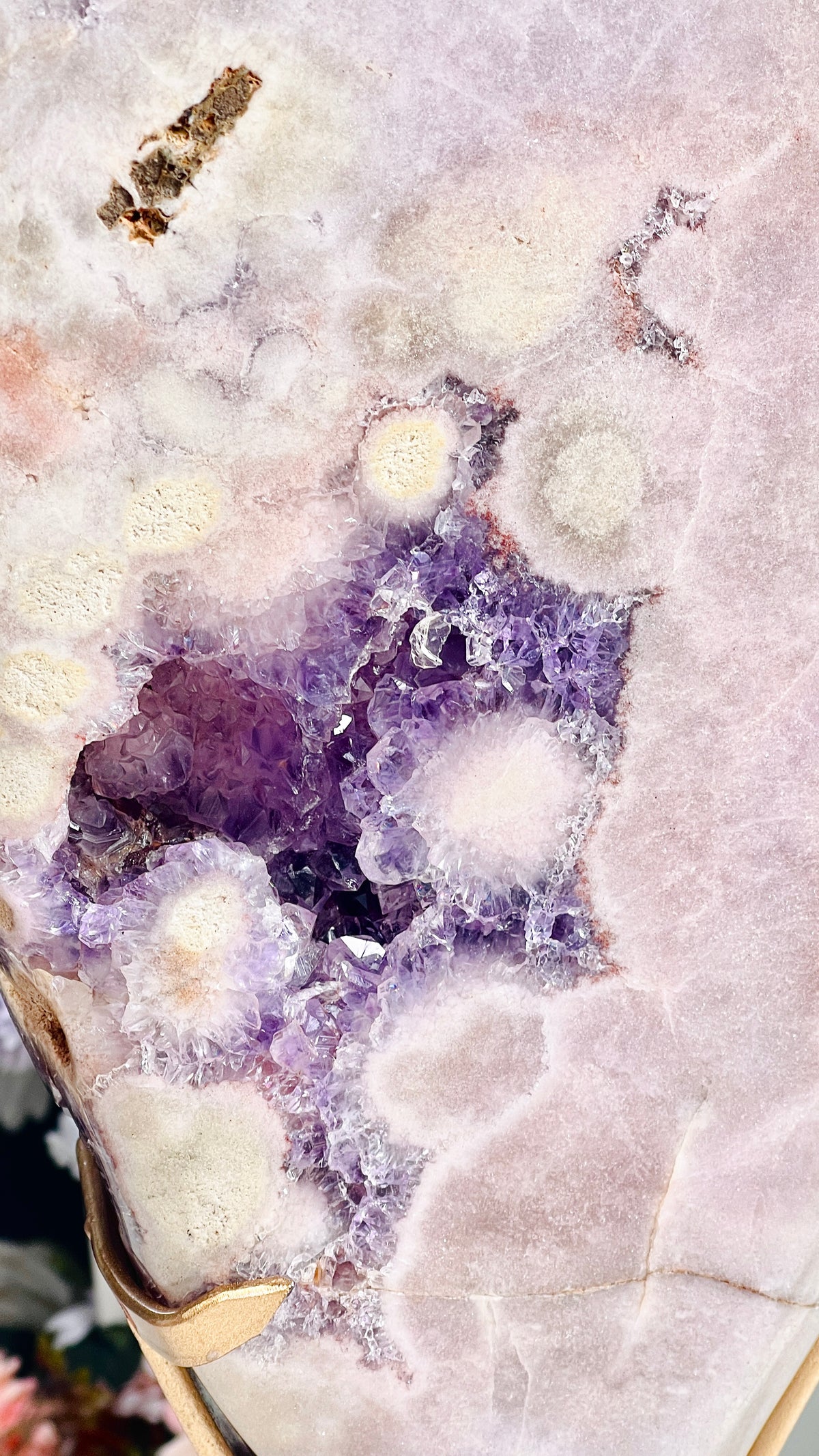 Large Brazilian Pink Amethyst Freeform with Purple Druzy & Stand