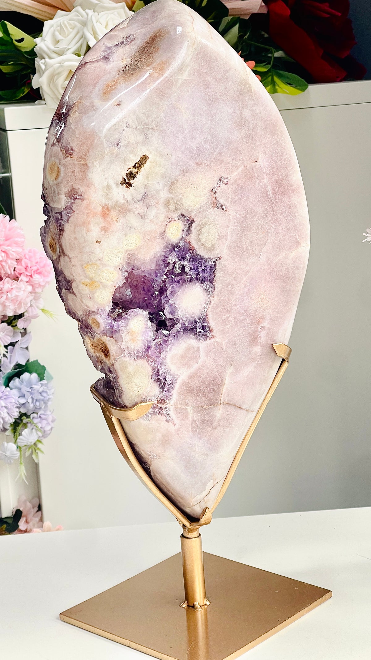 Large Brazilian Pink Amethyst Freeform with Purple Druzy & Stand