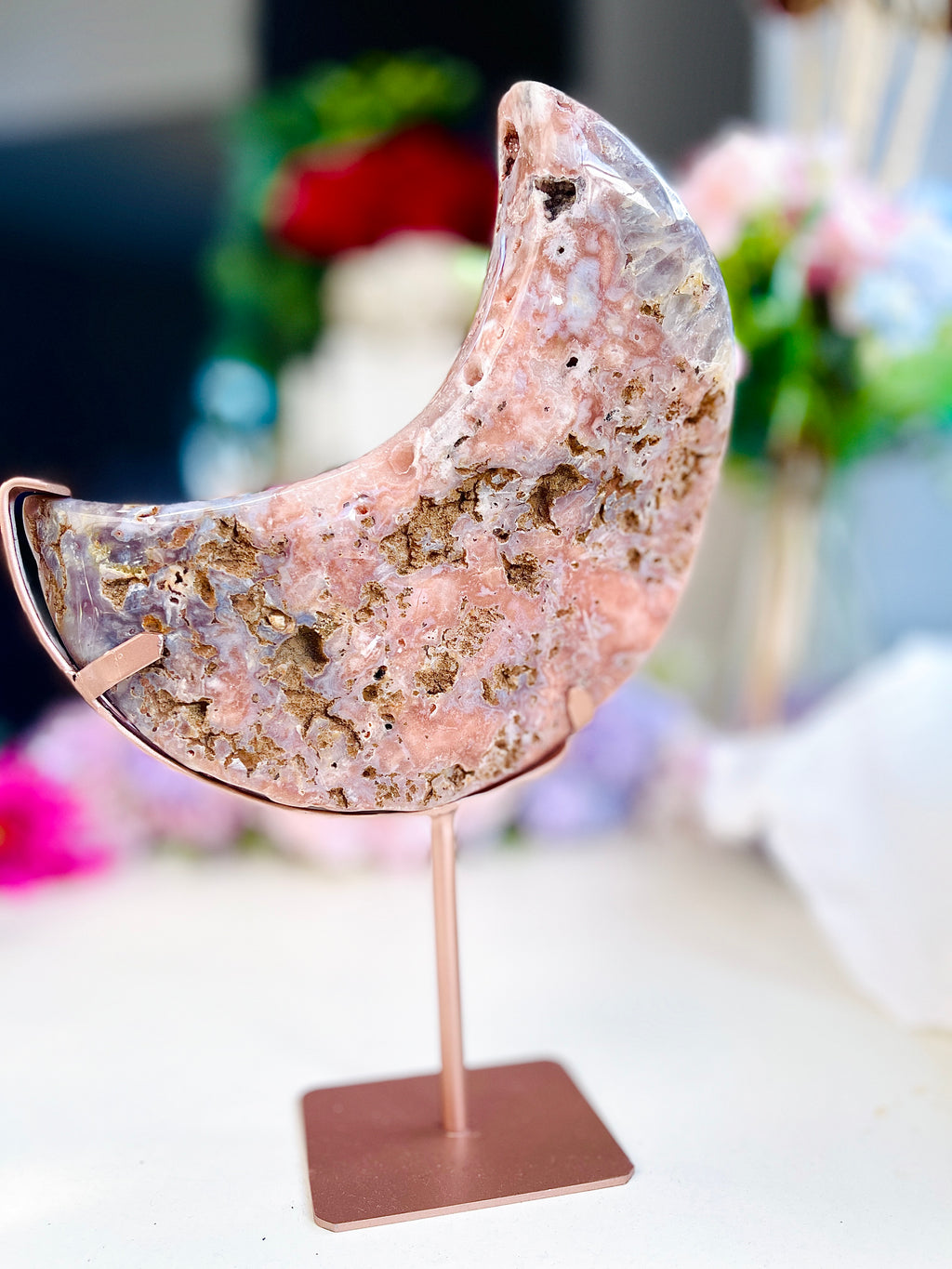Pink Amethyst Druzy Moon Sculpture on Bespoke Stand
