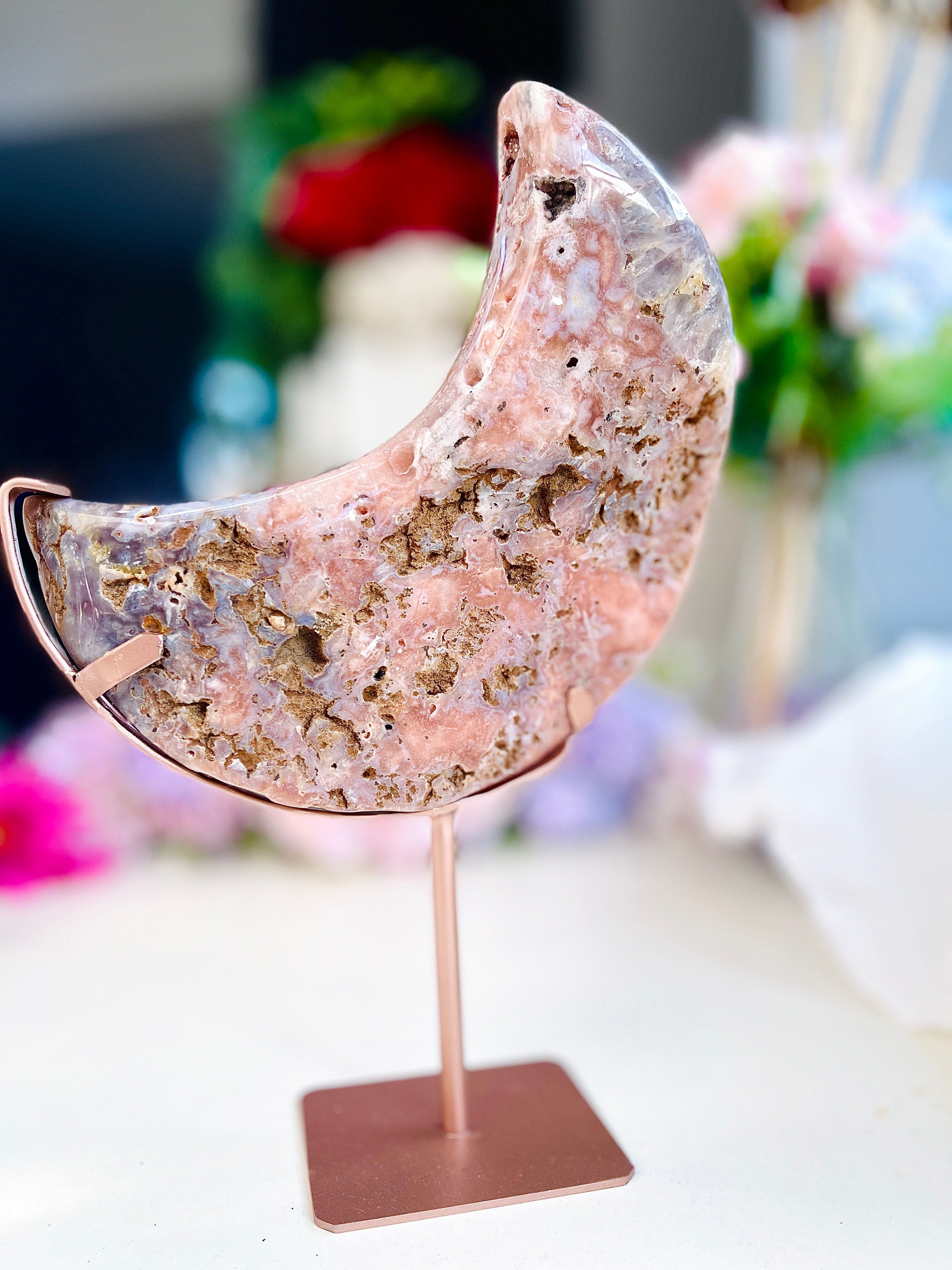 Pink Amethyst Druzy Moon Sculpture on Bespoke Stand