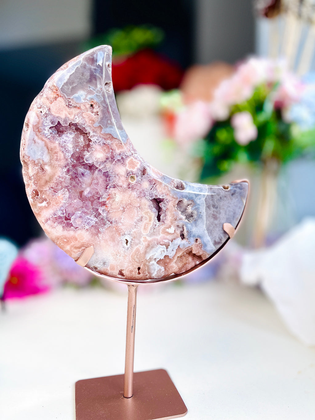 Pink Amethyst Druzy Moon Sculpture on Bespoke Stand