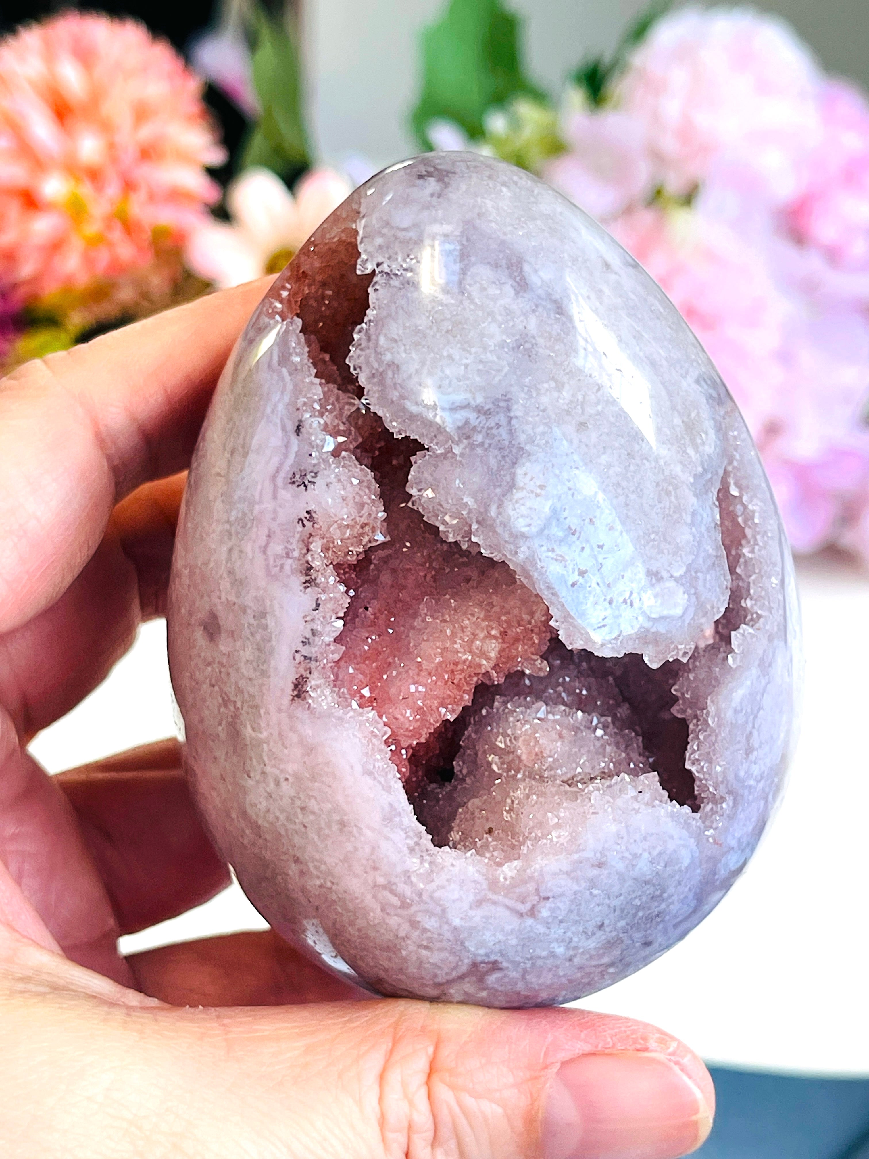 Polished Pink Amethyst Egg with Deep Druzy Cave