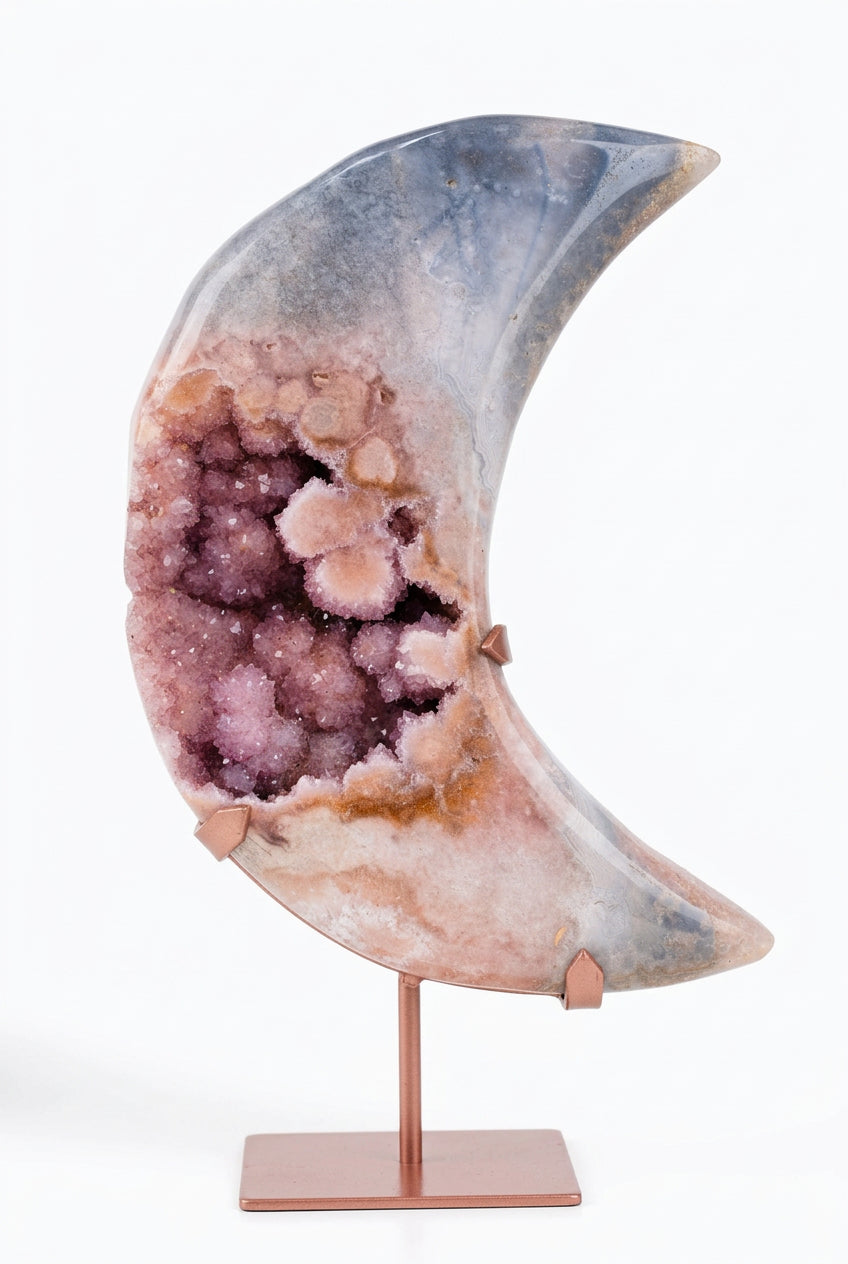 A polished crescent moon-shaped crystal geode specimen with a pink and purple crystalline interior and a smooth gray outer surface, displayed on a stand in front of blurred pink flowers.