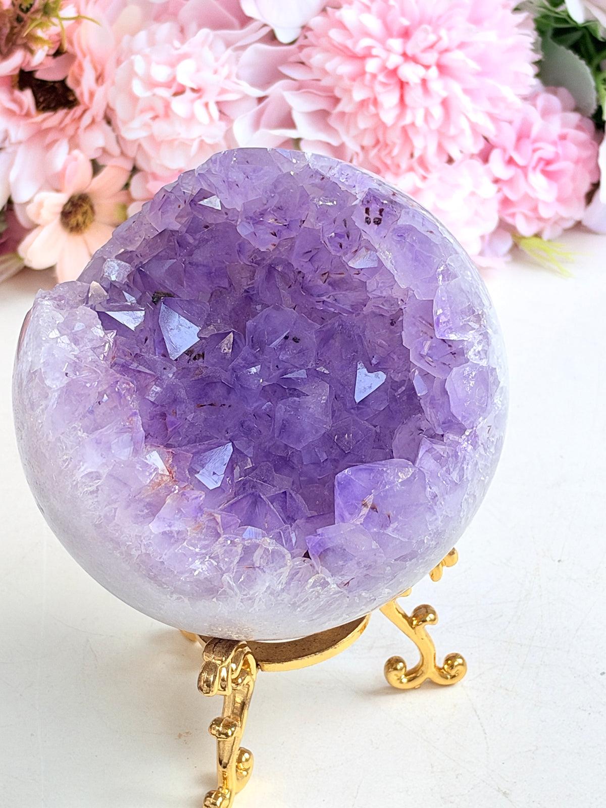 Brazilian Pink Amethyst Geode Sphere with Lilac Crystals, 100 mm