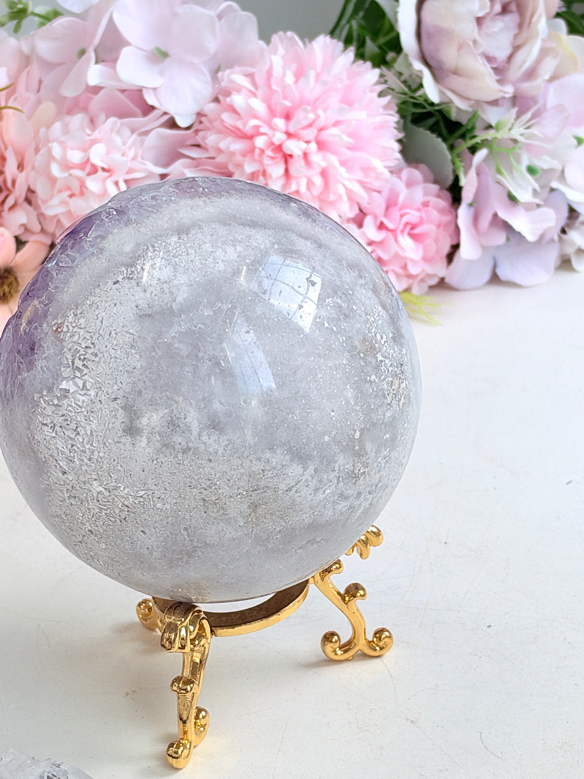 Brazilian Pink Amethyst Geode Sphere with Lilac Crystals, 100 mm