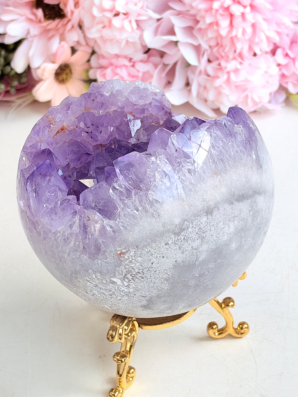 Brazilian Pink Amethyst Geode Sphere with Lilac Crystals, 100 mm