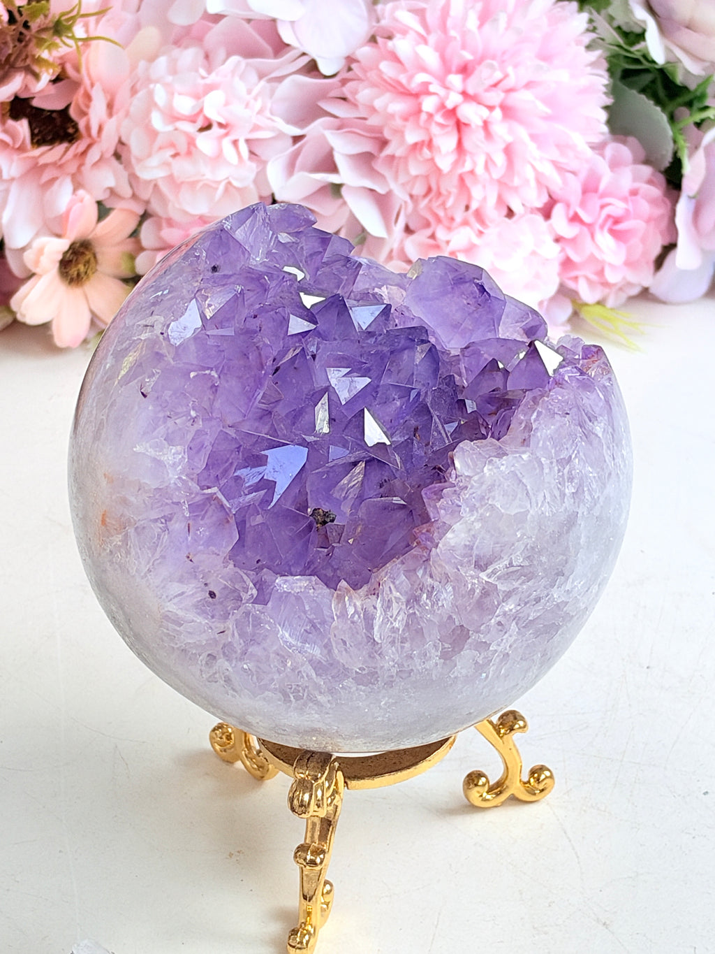 Brazilian Pink Amethyst Geode Sphere with Lilac Crystals, 112 mm