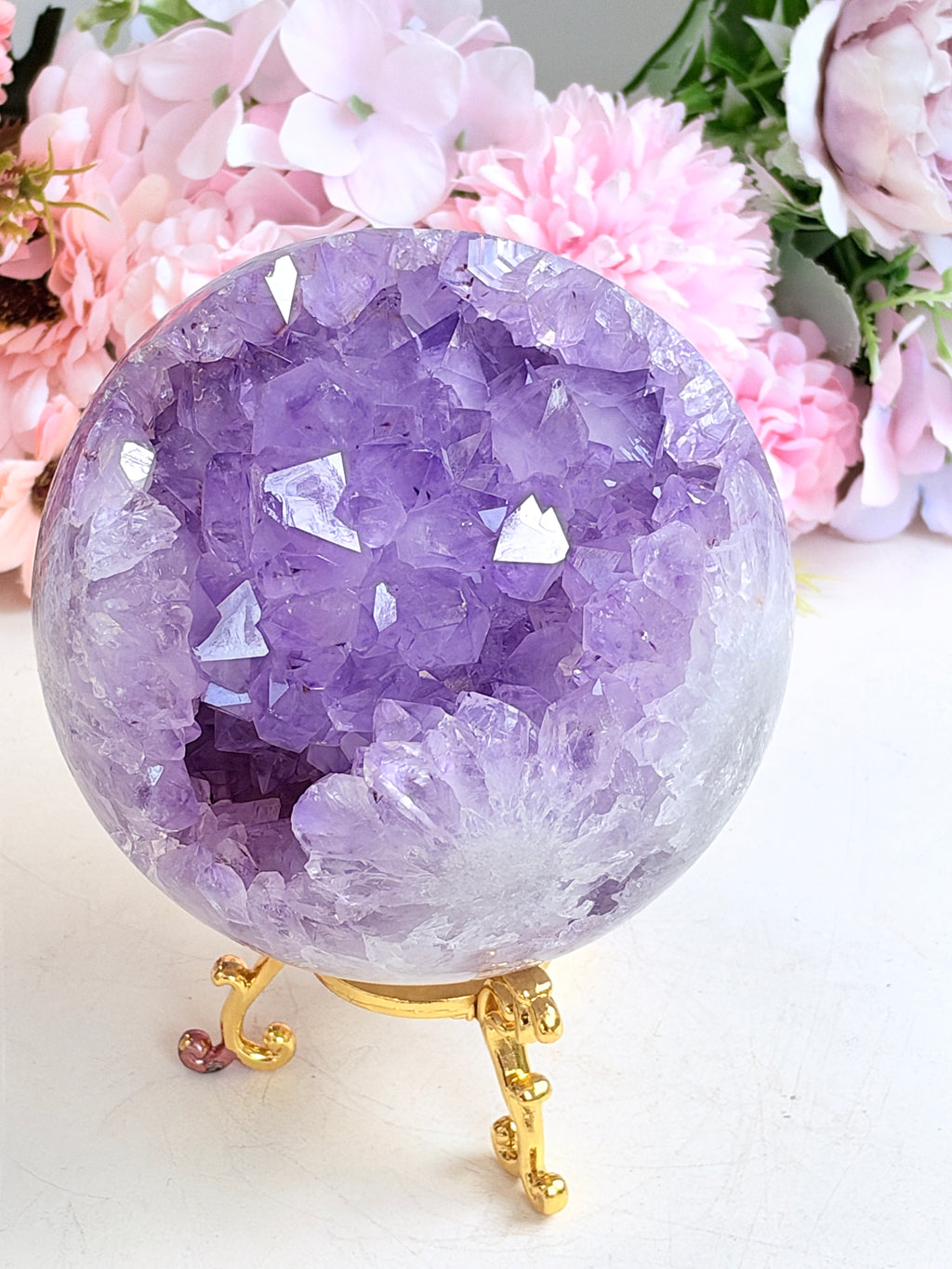 Brazilian Pink Amethyst Geode Sphere with Lilac Crystals, 112 mm