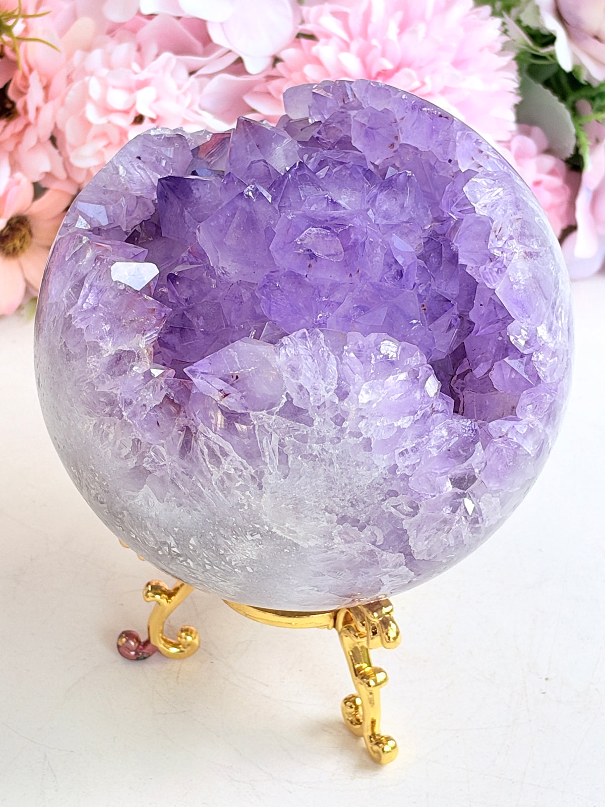 Brazilian Pink Amethyst Geode Sphere with Lilac Crystals, 112 mm