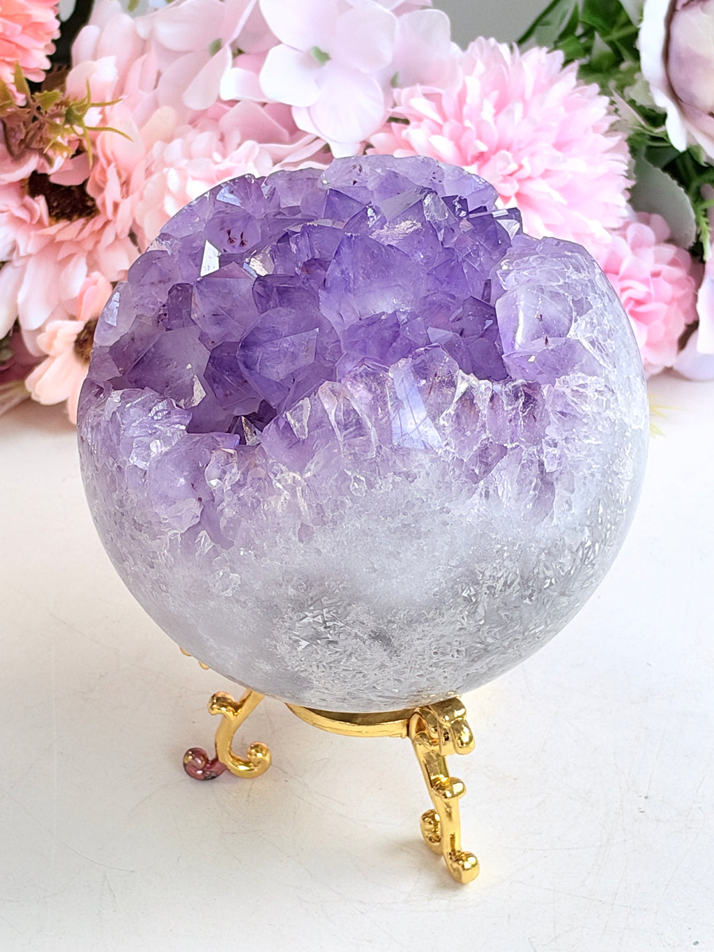 Brazilian Pink Amethyst Geode Sphere with Lilac Crystals, 112 mm