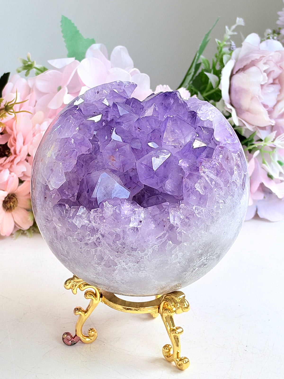 Brazilian Pink Amethyst Geode Sphere with Lilac Crystals, 112 mm