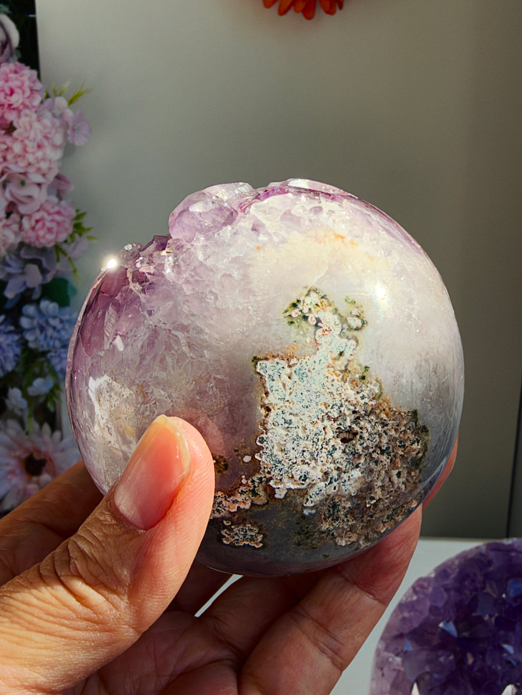 Pink Amethyst Druzy Sphere with Lilac Crystals, 72 mm