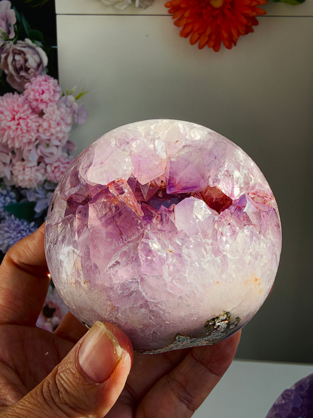 Pink Amethyst Druzy Sphere with Lilac Crystals, 72 mm