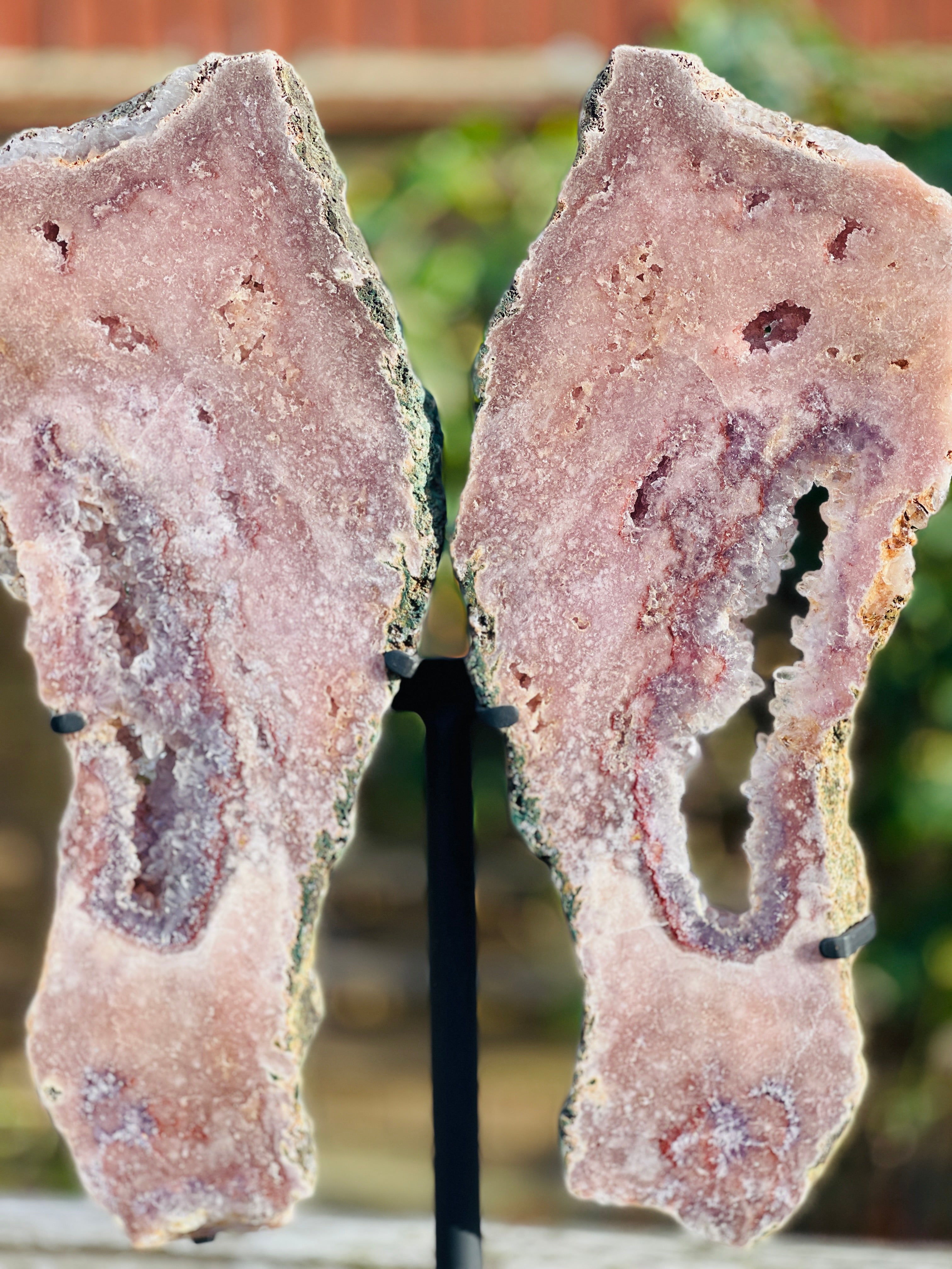 Pink Amethyst Angel Wings on Custom Metal Stand