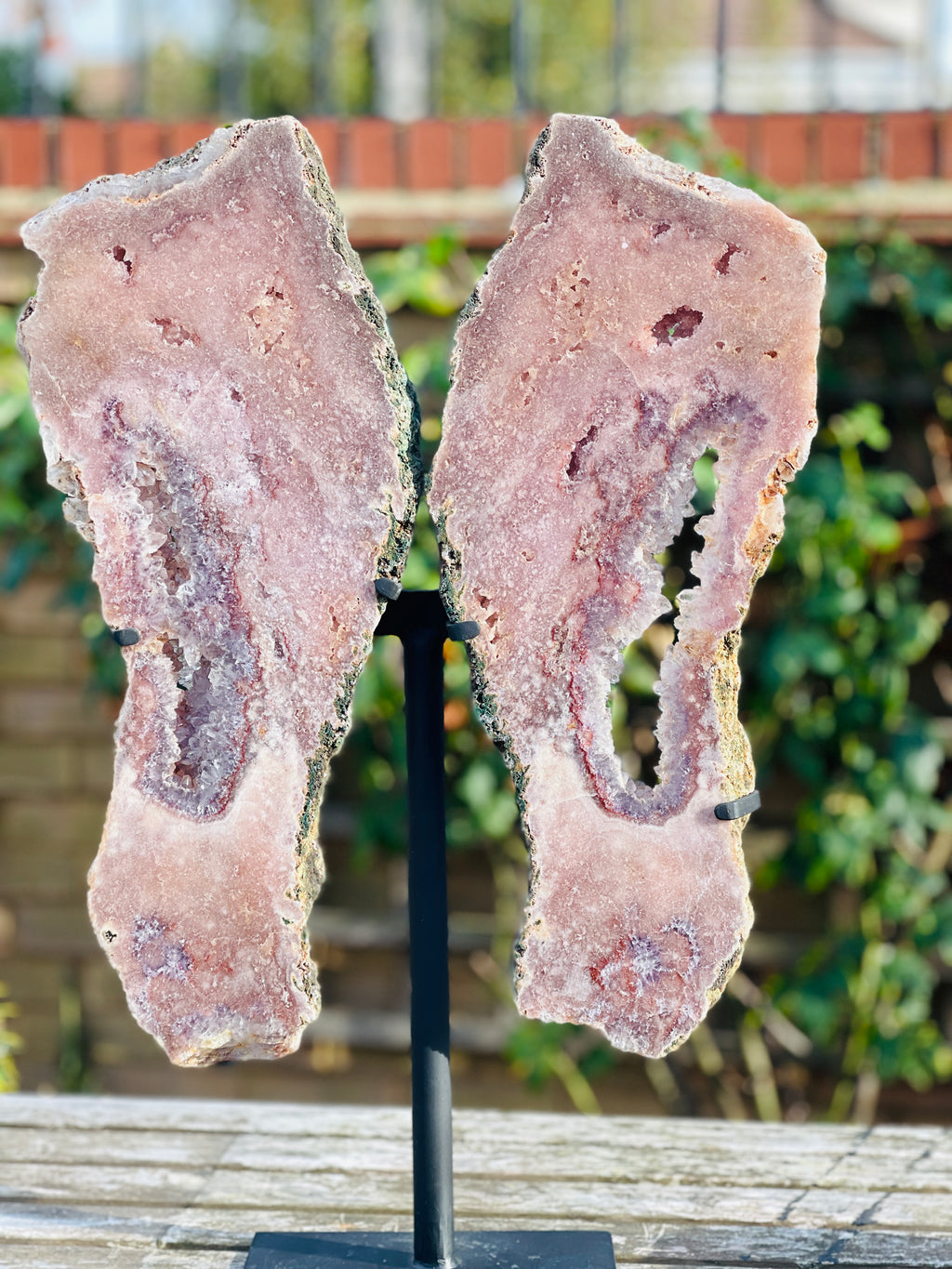 Pink Amethyst Angel Wings on Custom Metal Stand