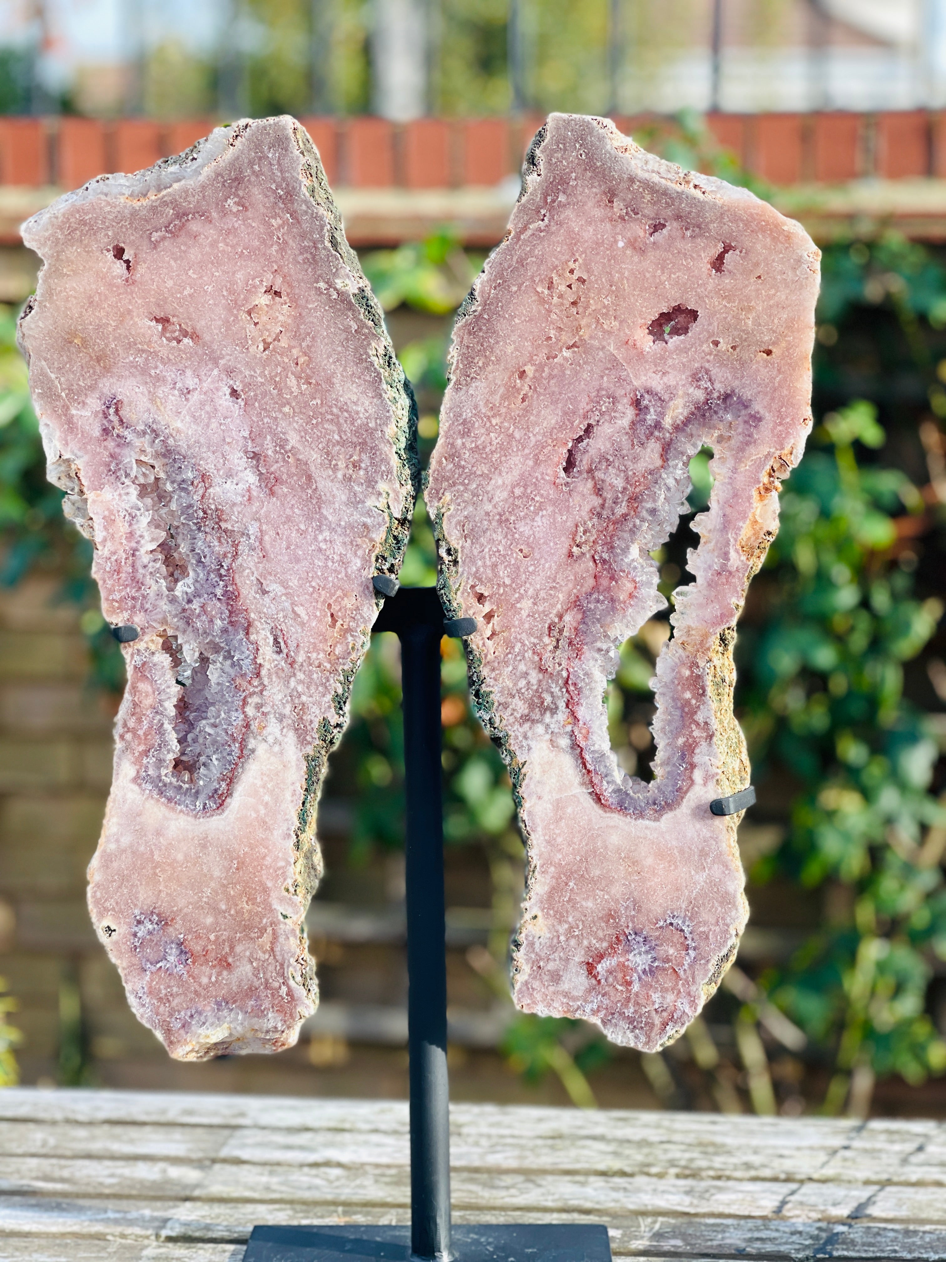 Pink Amethyst Angel Wings on Custom Metal Stand