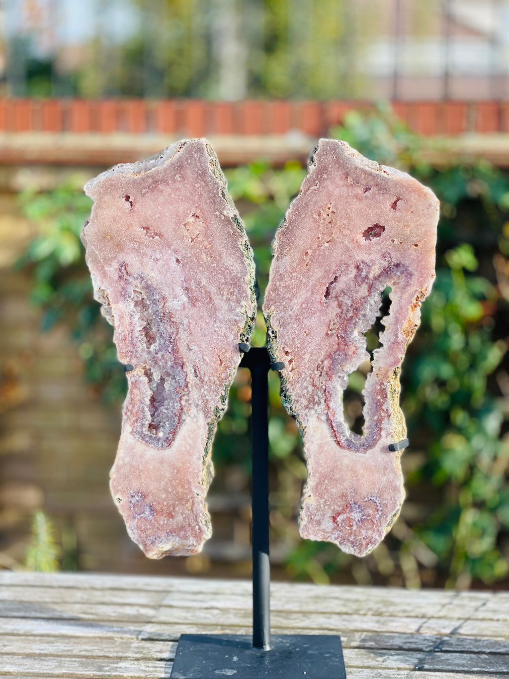 Pink Amethyst Angel Wings on Custom Metal Stand