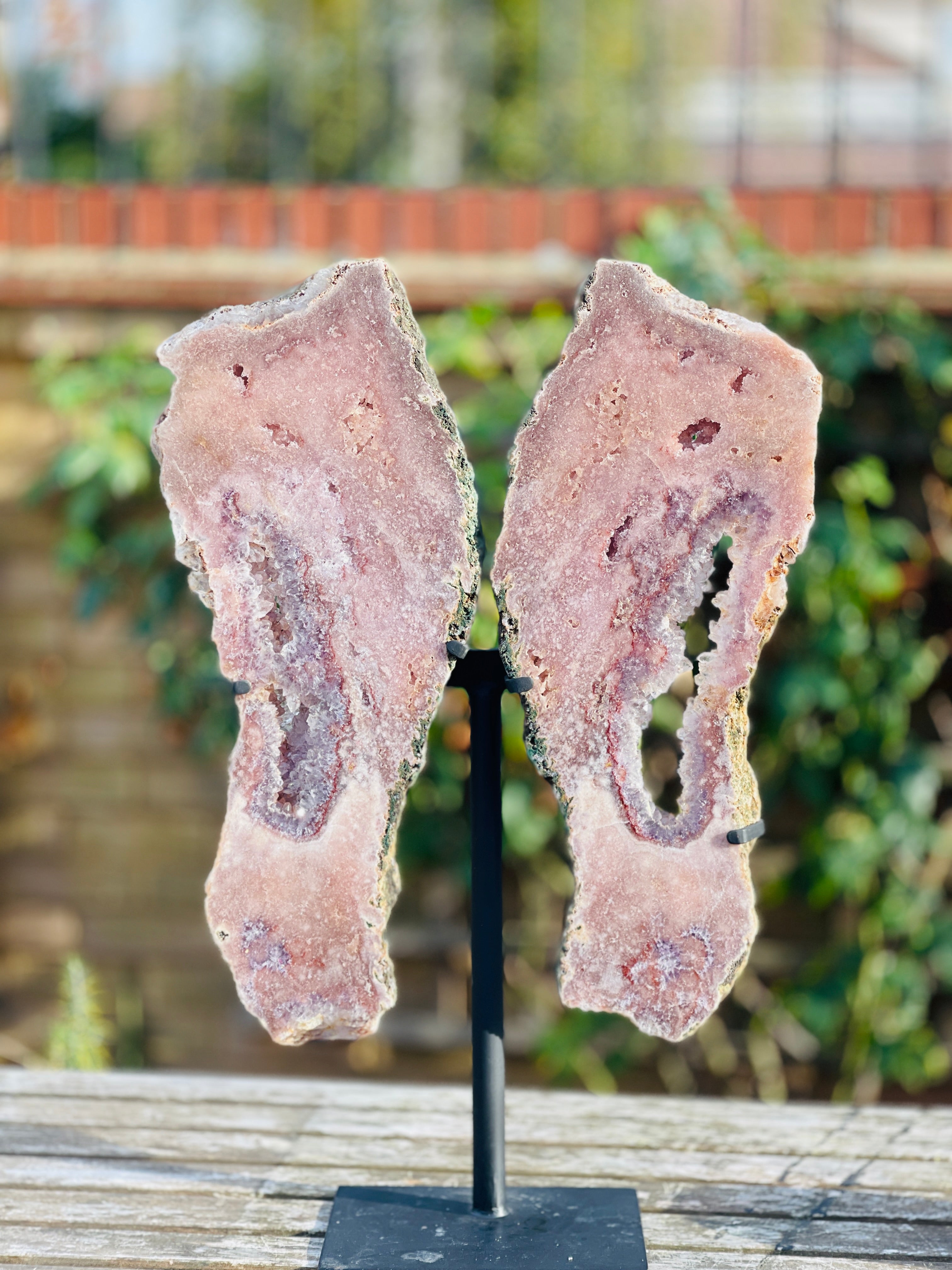 Pink Amethyst Angel Wings on Custom Metal Stand