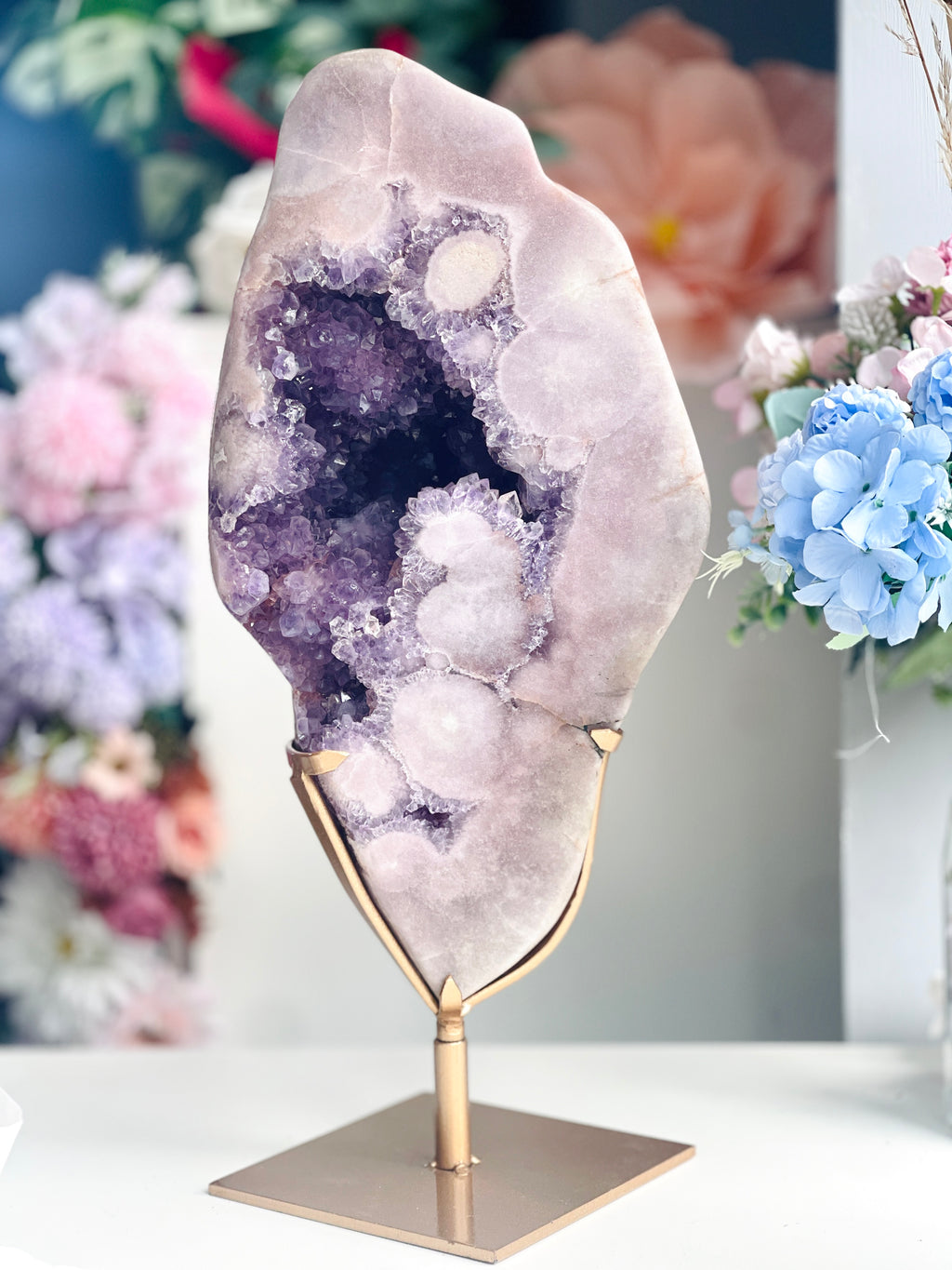 Extra-Large Pink Amethyst Freeform with Deep Purple Druzy | Display Piece on Brass Stand