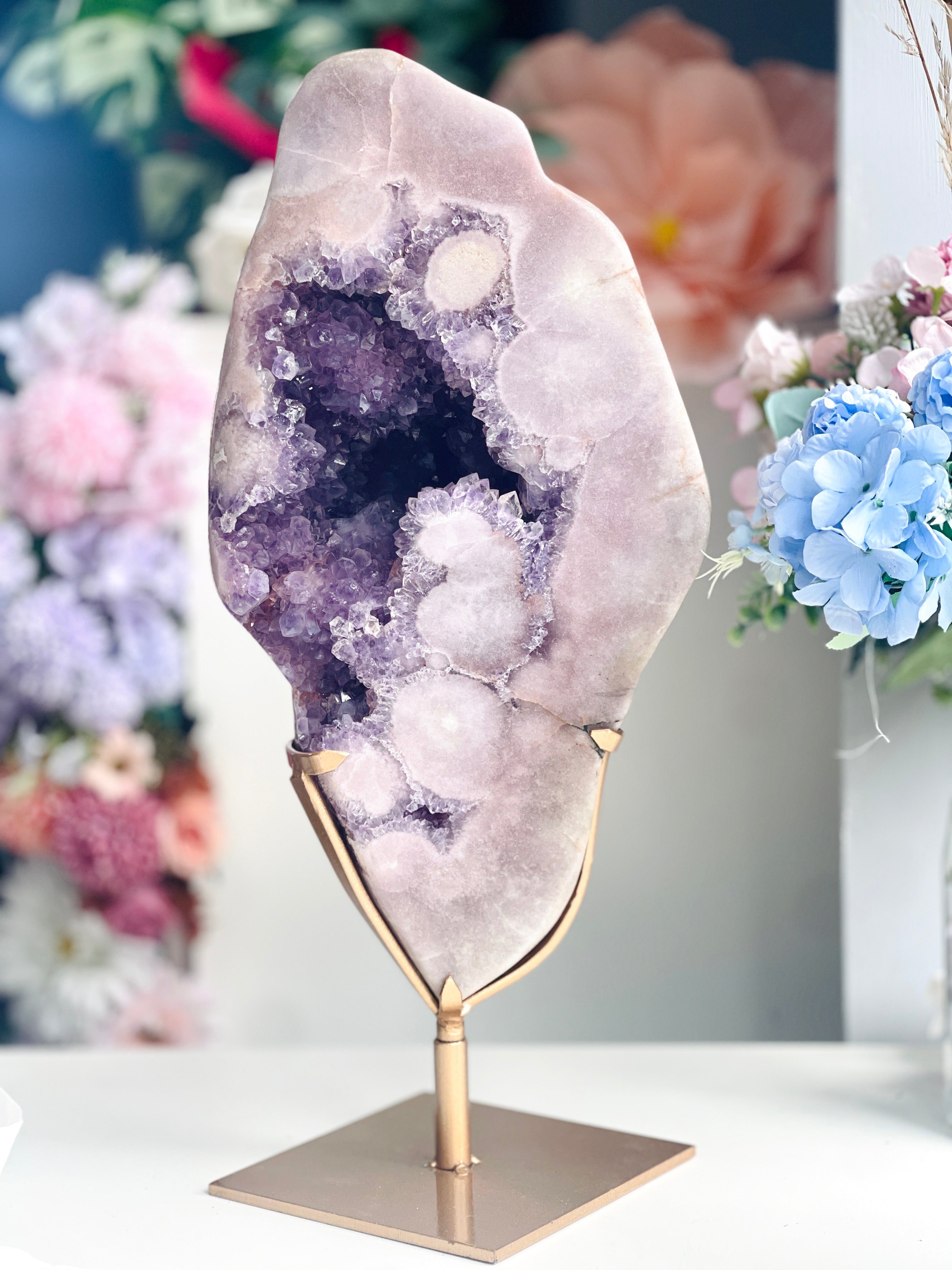Extra-Large Pink Amethyst Freeform with Deep Purple Druzy | Display Piece on Brass Stand